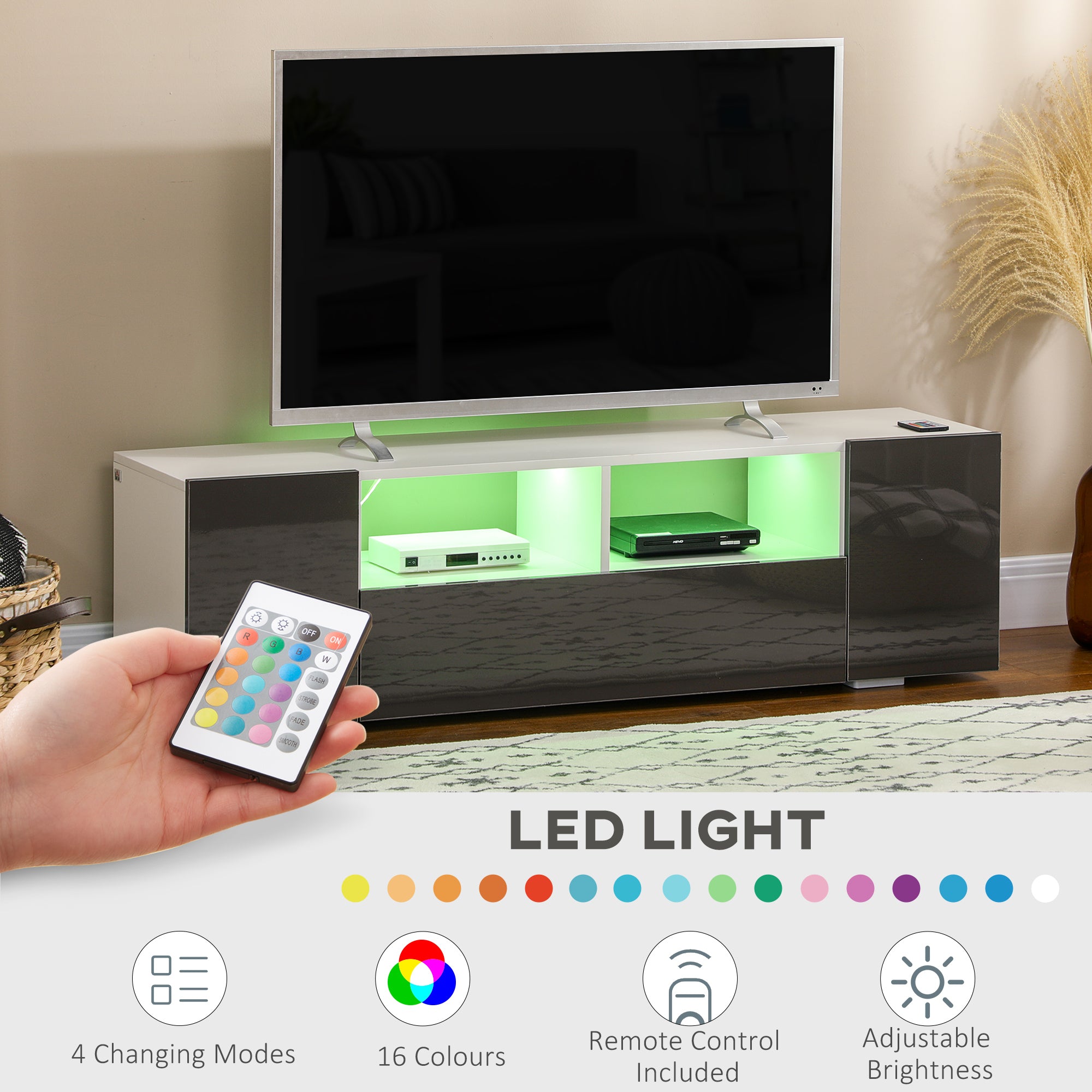 HOMCOM High Gloss TV Unit Cabinet for TVs up to 60" with LED Lights, TV Stand with Storage Shelves and Cupboards, Grey