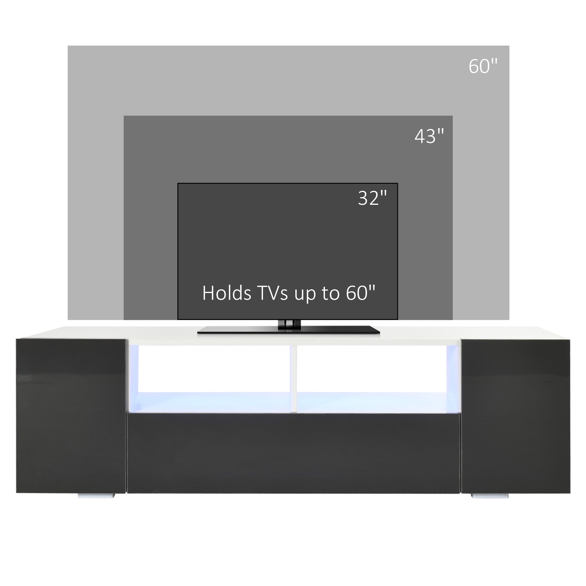 HOMCOM High Gloss TV Unit Cabinet for TVs up to 60" with LED Lights, TV Stand with Storage Shelves and Cupboards, Grey