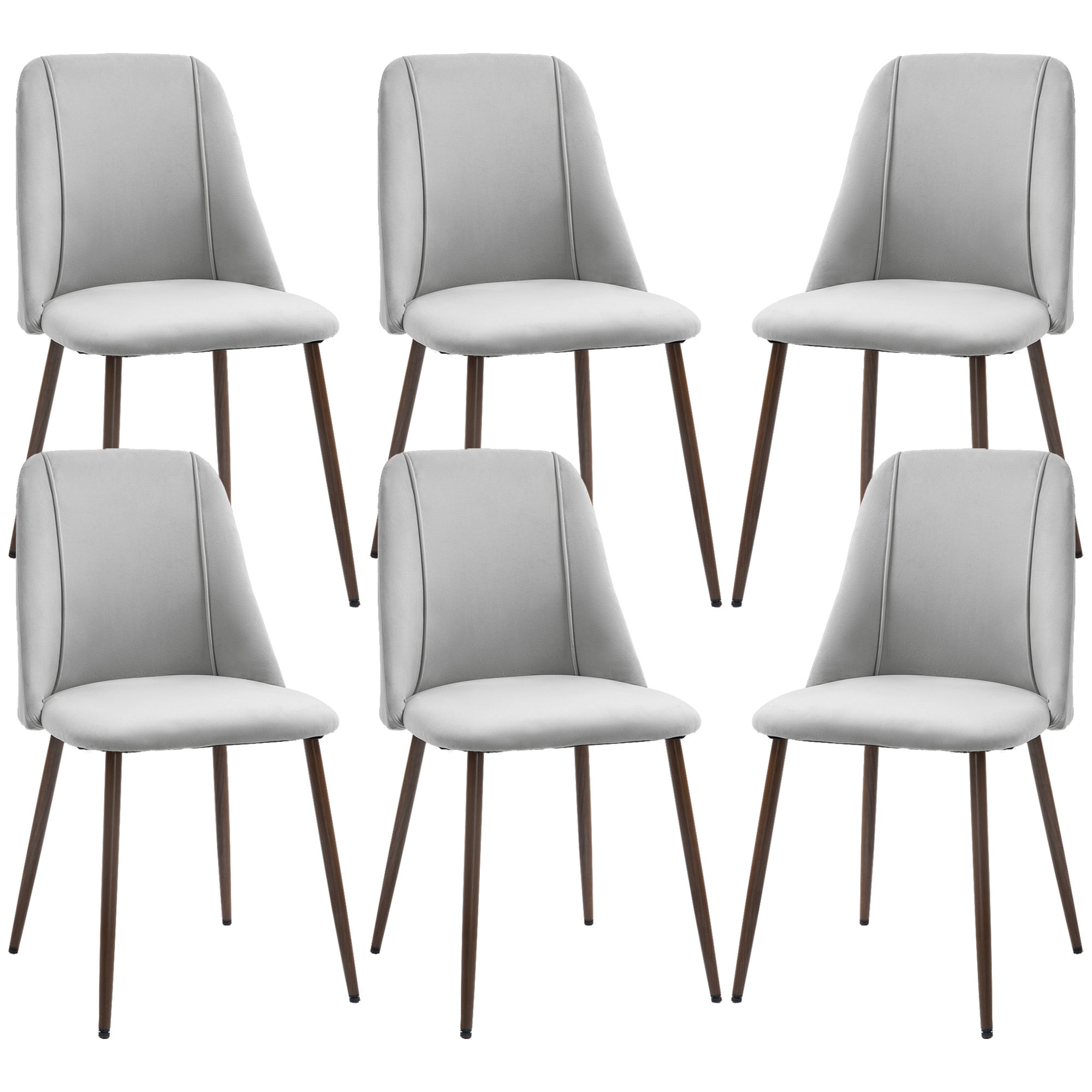 HOMCOM Dining Chairs Set of 6, Modern Kitchen Chairs with Velvet-touch Upholstery, Curved Back and Wood-grain Steel Legs, Accent Chairs for Living Room, Bedroom, Grey