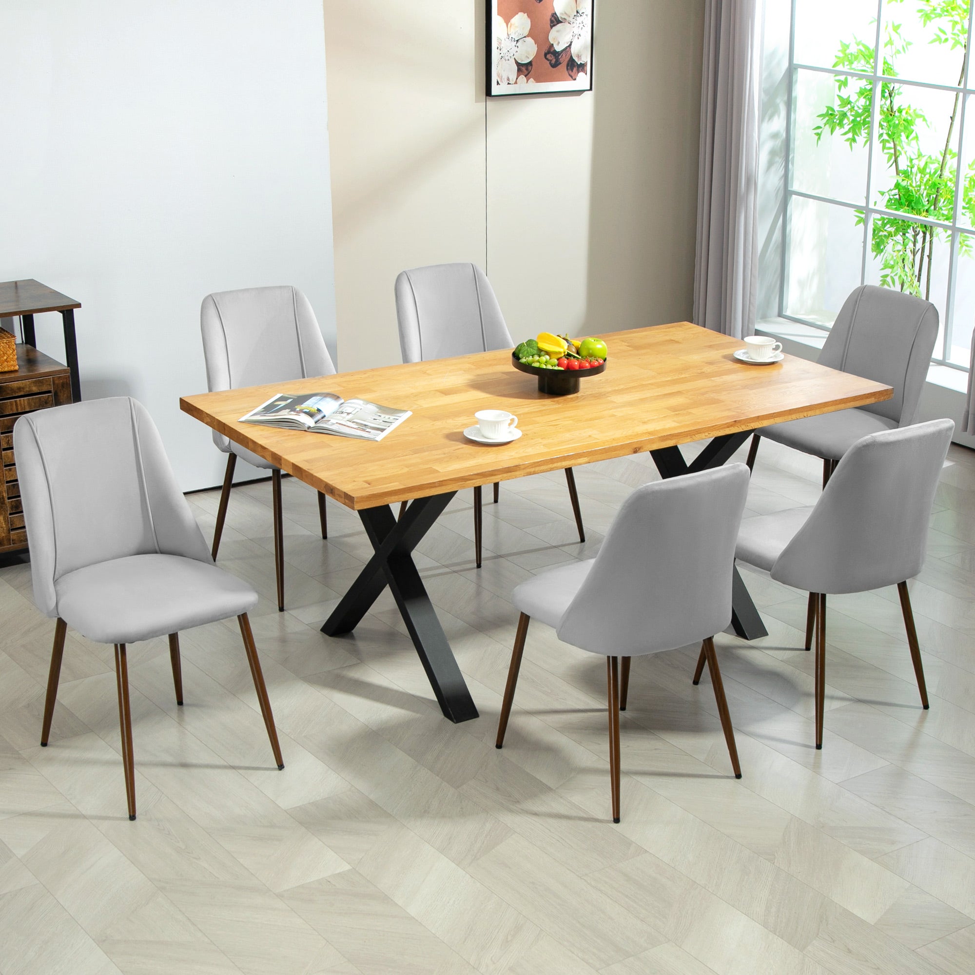 HOMCOM Dining Chairs Set of 6, Modern Kitchen Chairs with Velvet-touch Upholstery, Curved Back and Wood-grain Steel Legs, Accent Chairs for Living Room, Bedroom, Grey