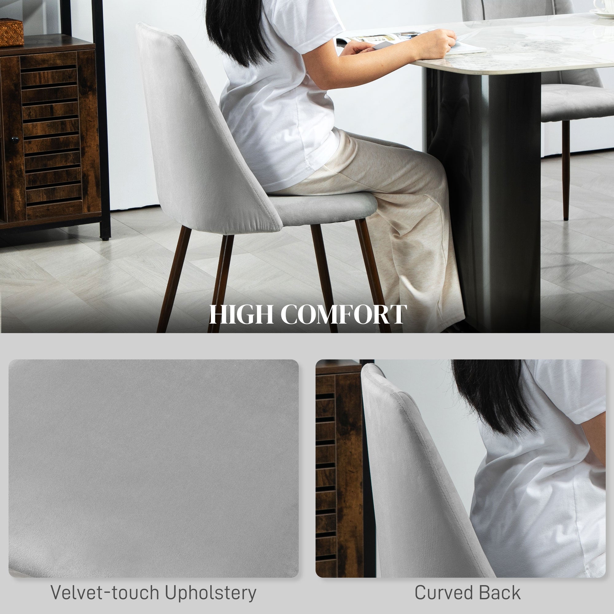 HOMCOM Dining Chairs Set of 6, Modern Kitchen Chairs with Velvet-touch Upholstery, Curved Back and Wood-grain Steel Legs, Accent Chairs for Living Room, Bedroom, Grey