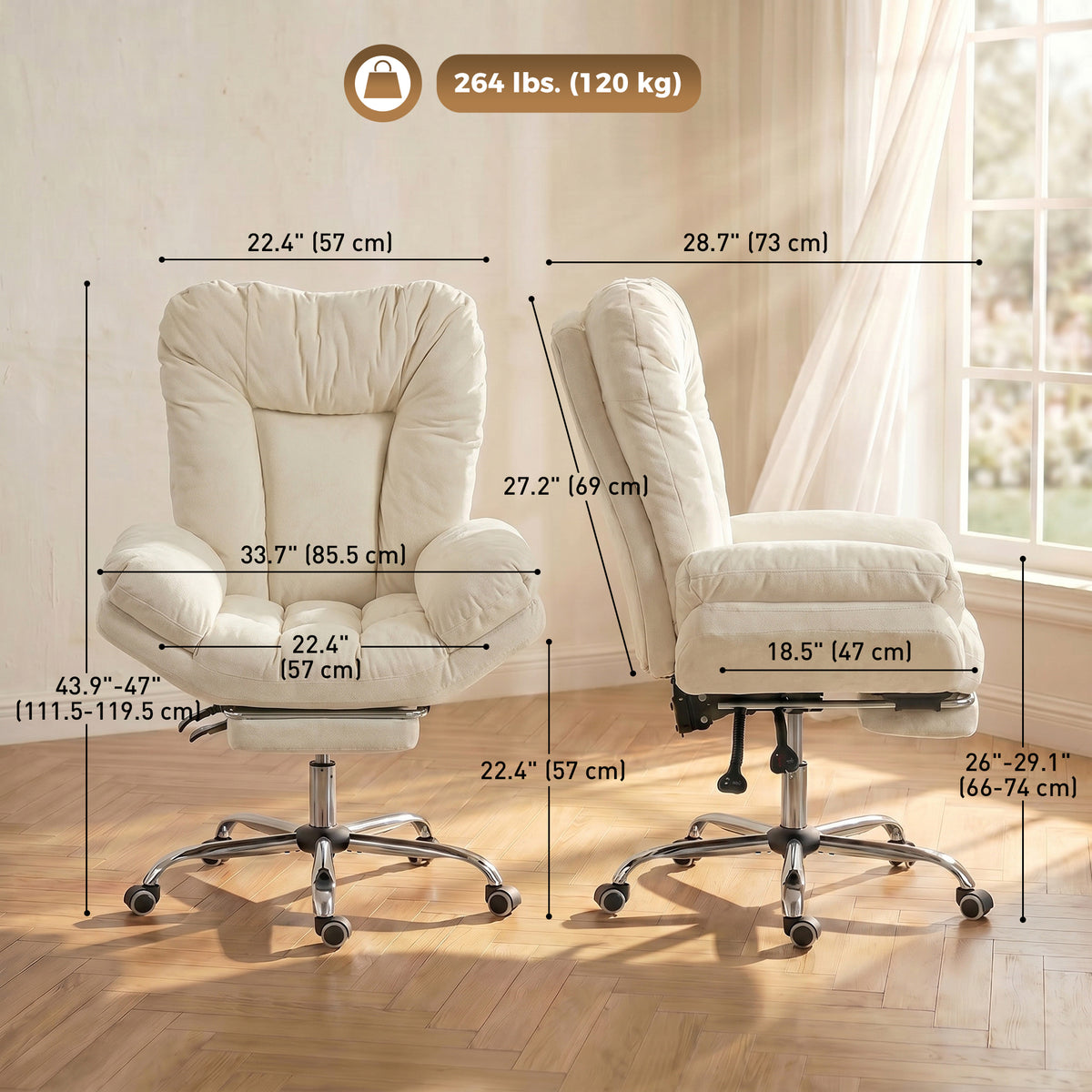Criss Cross Office Chair with Footrest, Swivel Wheels, Wide Task Desk Chair with Overstuffed Reclining Backrest, Waterfall Arms, Adjustable Height, Cross Legged, Beige