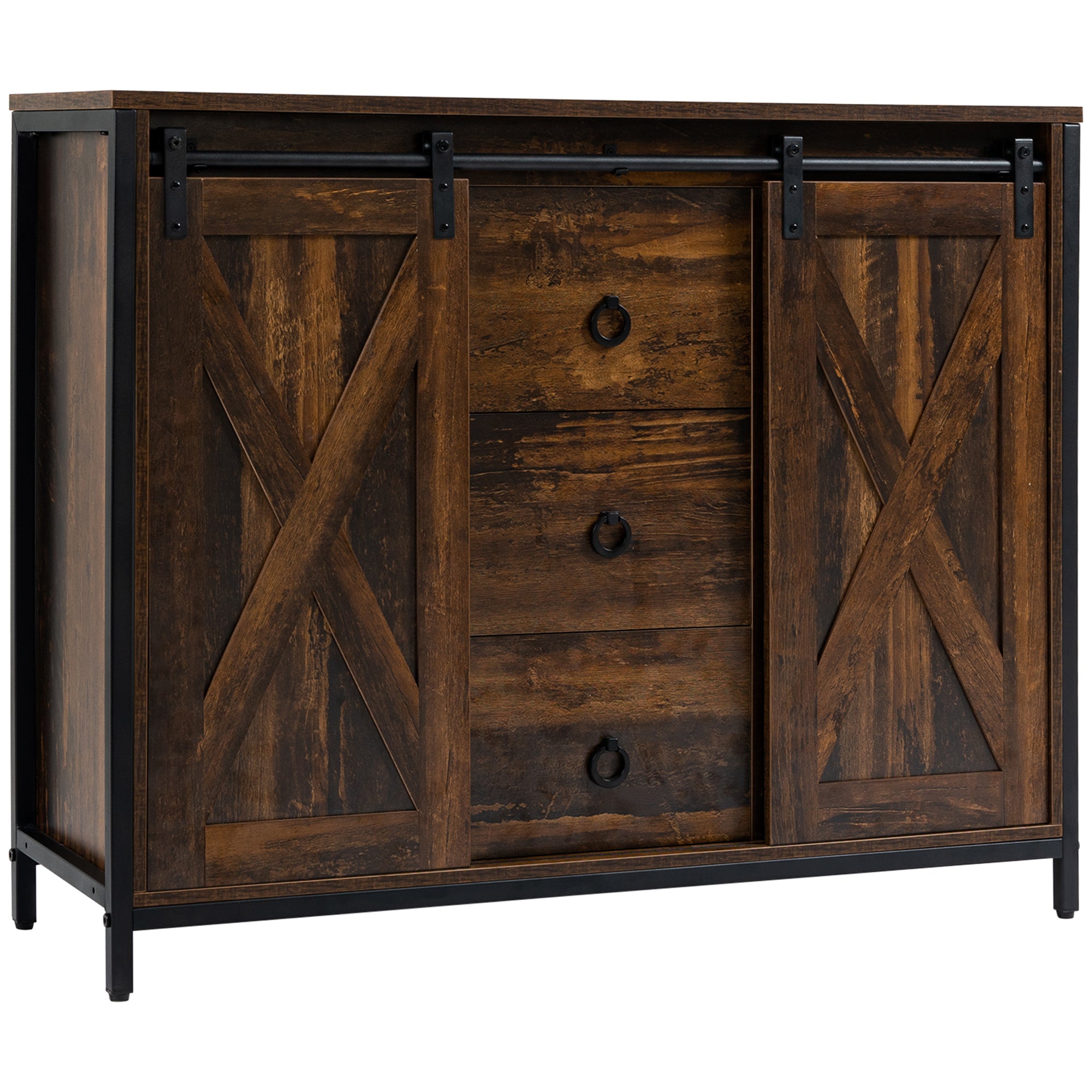 HOMCOM Industrial Buffet Cabinet, Kitchen Sideboard with Sliding Barn Doors, Three Drawers and Adjustable Shelves, Rustic Brown