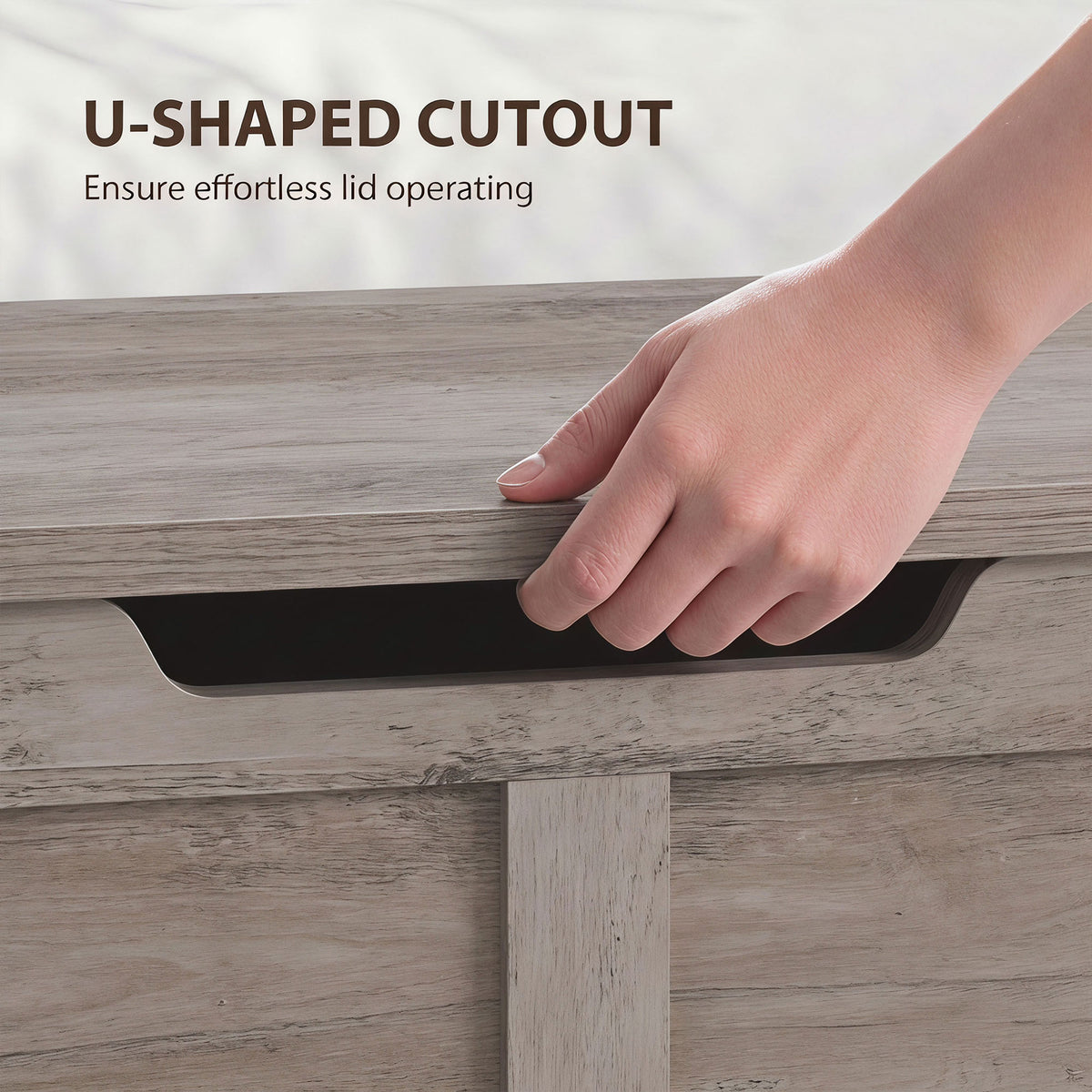 Storage Chest, Storage Bench with 2 Safety Hinges and U-shaped Cut-out Pull for Living Room, Entryway, 39.4" x 15.7" x 17.7", Supports 300 lbs, Grey Wood Grain