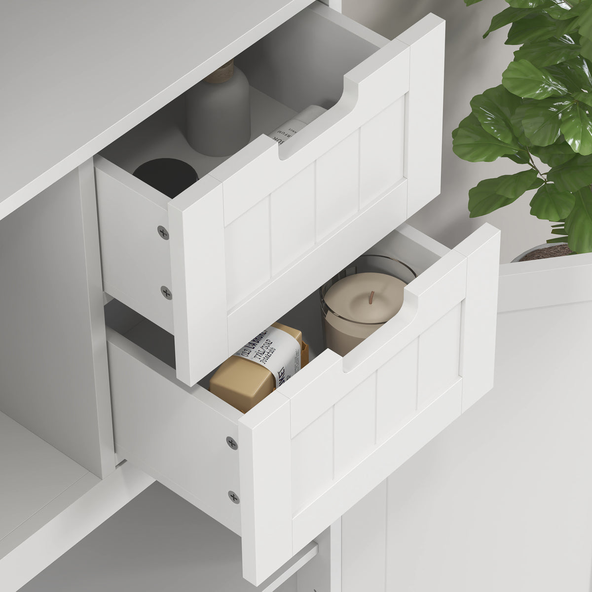Tall Bathroom Cabinet, Modern Floor Bathroom Storage Cabinet with Glass Doors, Adjustable Shelves, Drawers, Freestanding Linen Tower, White