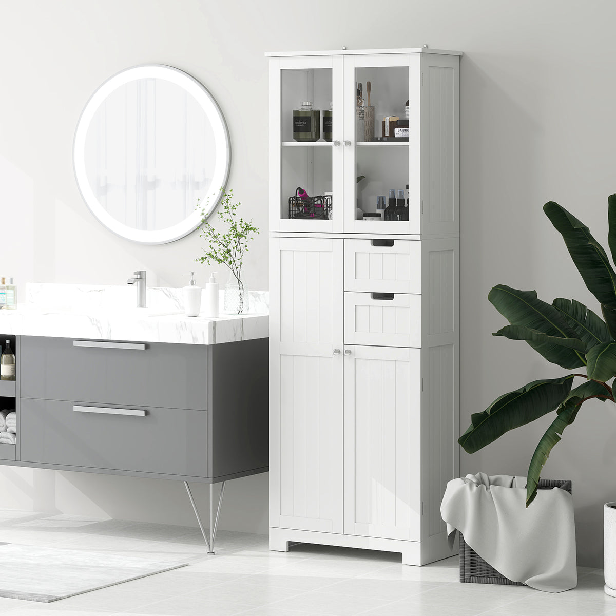 Tall Bathroom Cabinet, Modern Floor Bathroom Storage Cabinet with Glass Doors, Adjustable Shelves, Drawers, Freestanding Linen Tower, White
