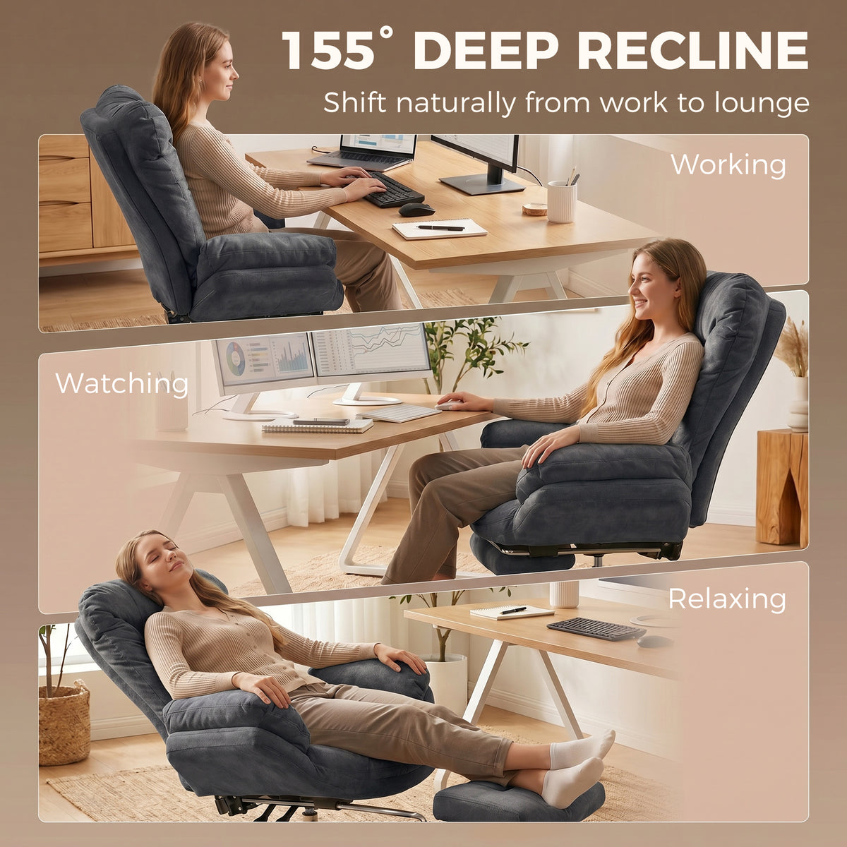 Criss Cross Office Chair with Footrest, Swivel Wheels, Wide Task Desk Chair with Overstuffed Reclining Backrest, Waterfall Arms, Adjustable Height, Cross Legged, Dark Grey