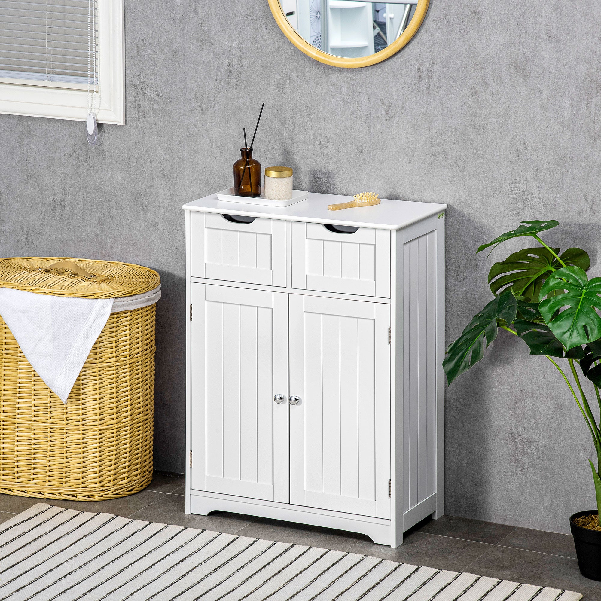 kleankin Freestanding Bathroom Storage Cabinet, Floor Cupboard with 2 Drawers, Adjustable Shelf, for Bathroom, Living Room or Entryway, White