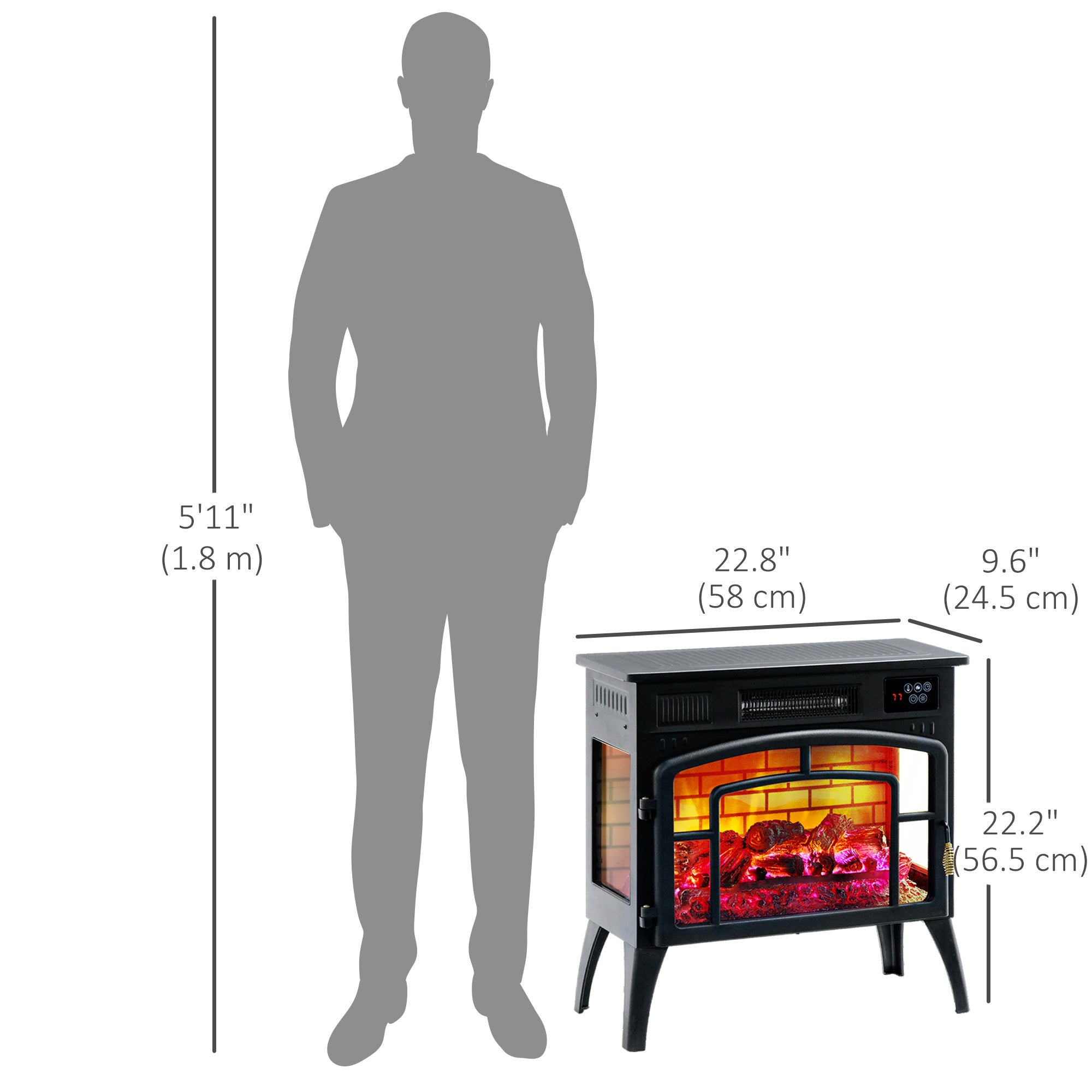 HOMCOM Electric Fireplace Stove, 22" 1500W Portable Freestanding Infrared Fireplace Heater with Realistic Flame, Indoor Stove Heater with Adjustable Colour and Thermostat, Black