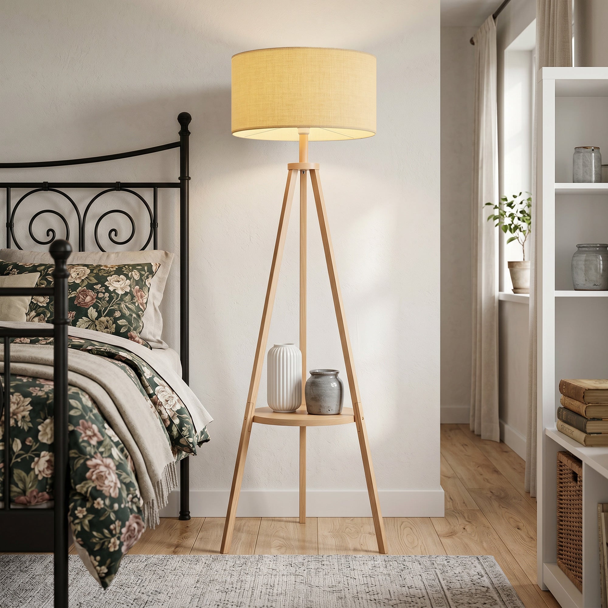 Tripod Floor Lamp, Freestanding Bedside Reading Light with Storage Shelf and Linen-Look Shade for Living Room and Bedroom, 160 cm, Natural Wood Colour
