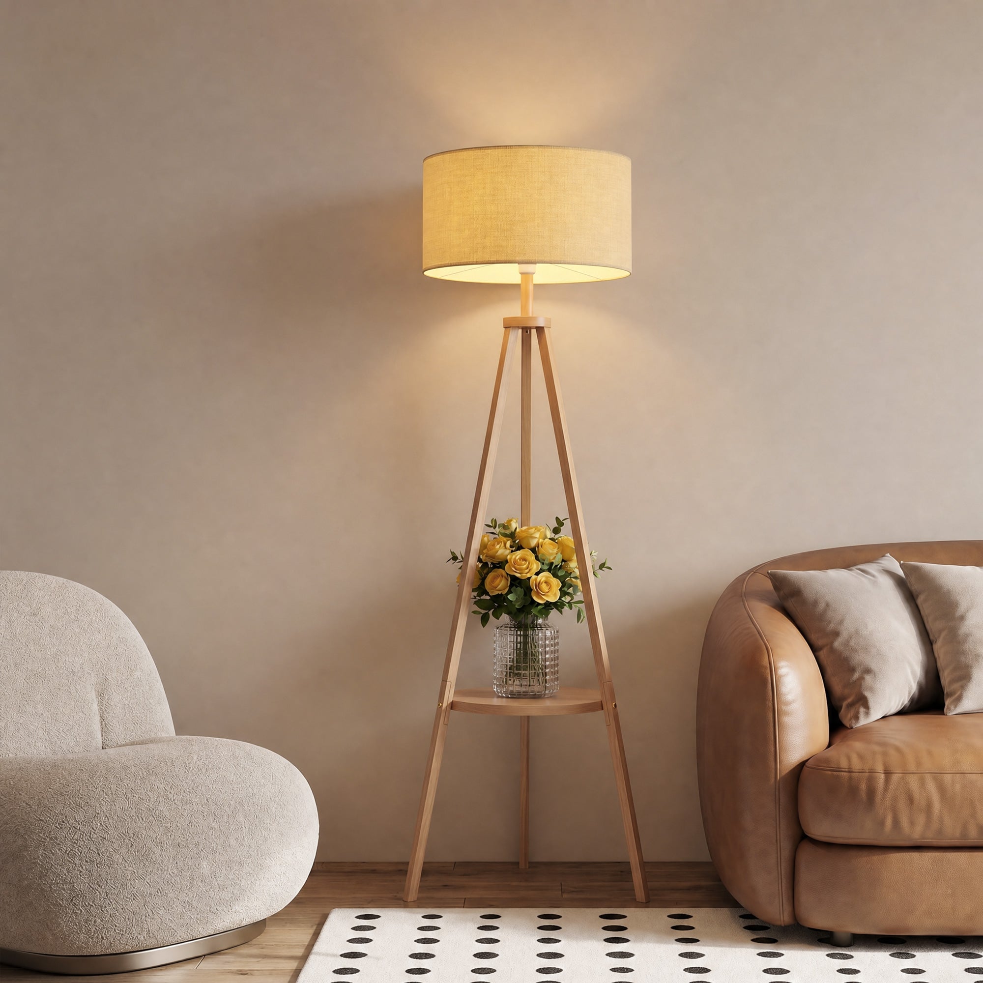 Tripod Floor Lamp, Freestanding Bedside Reading Light with Storage Shelf and Linen-Look Shade for Living Room and Bedroom, 160 cm, Natural Wood Colour