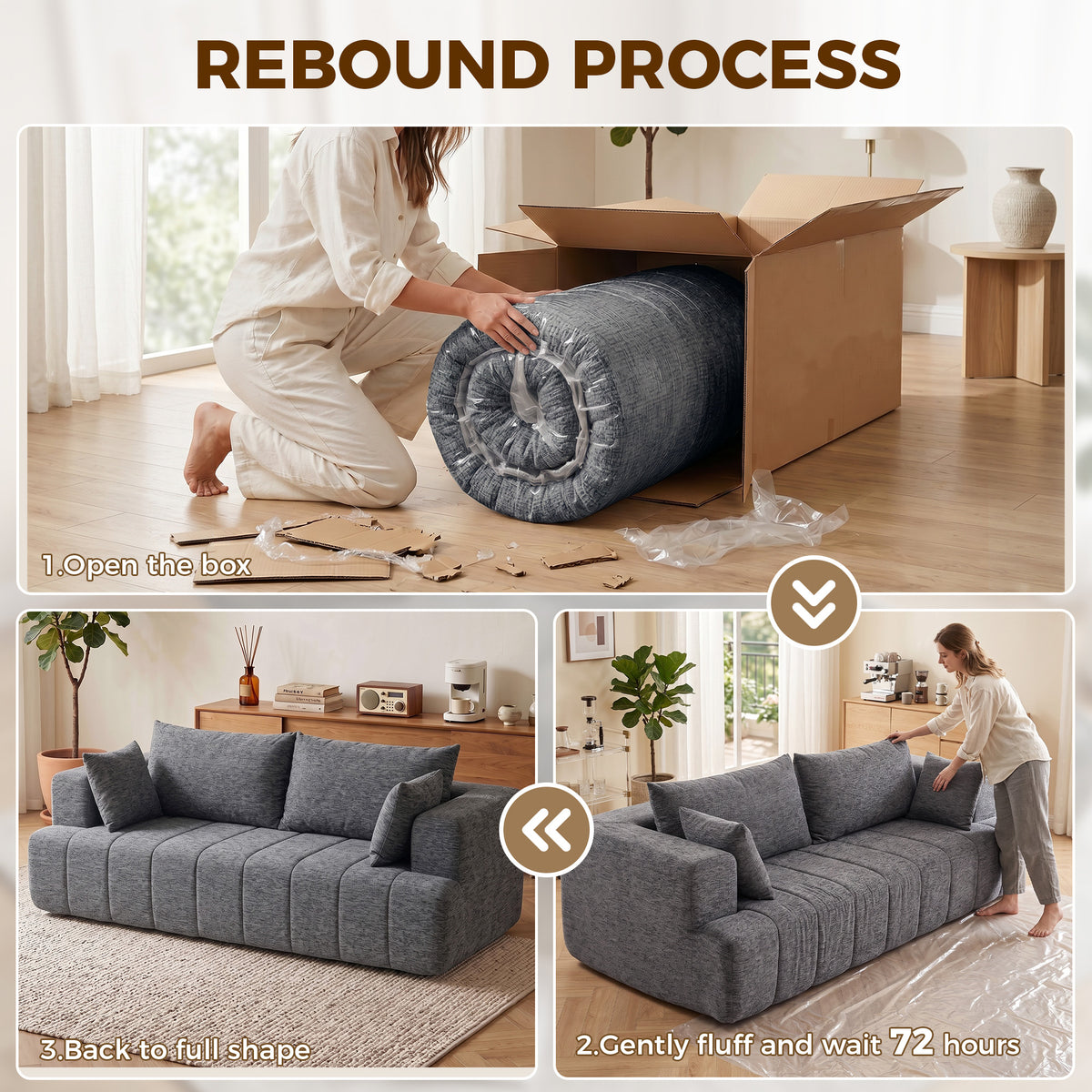 3 Seater Sofa, Chenille Boneless Cloud Couch with Thick Spring Cushion, Wide and Deep Seat, Wide Armrests, 2 Pillows, Anti-Slip Bottom, Modern Sofa Settee for Living Room, Grey