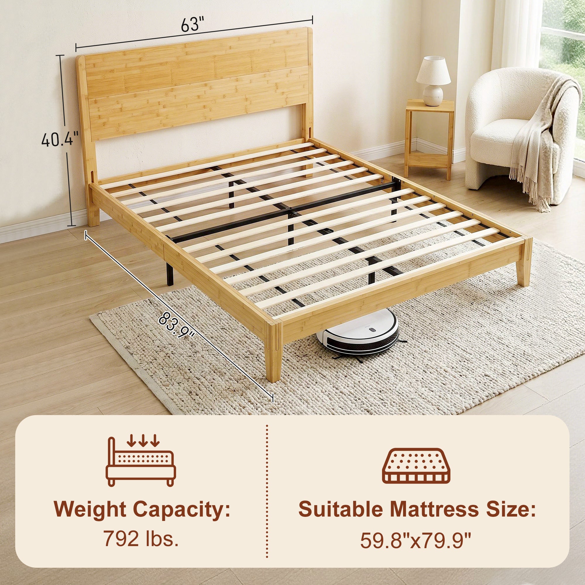 Queen Size Bamboo Platform Bed Frame with Headboard, Bed Frame with 12 Poplar Slats, No Box Spring Needed, Easy Assembly, Natural