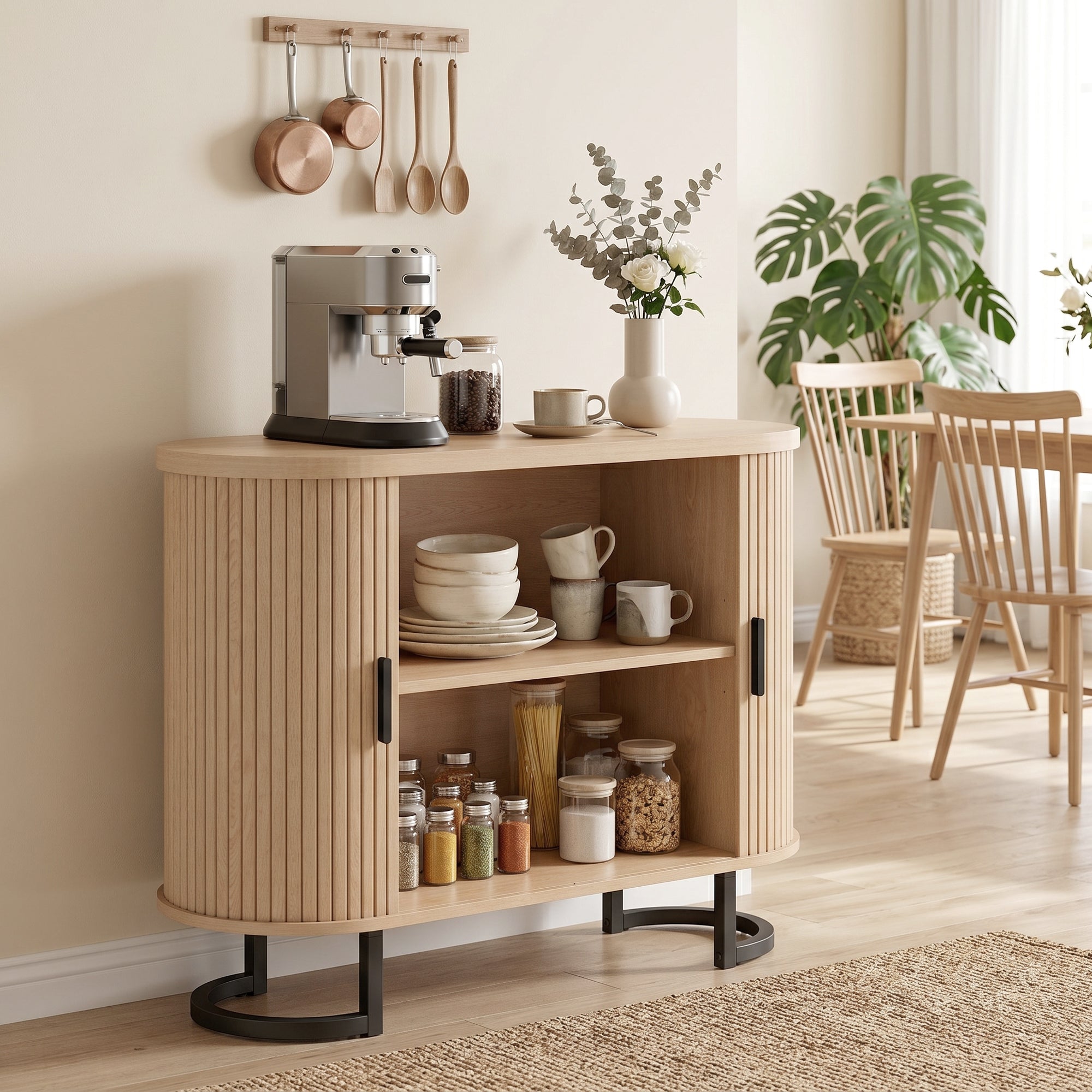 Sideboard Buffet Cabinet with Curved Tambour Doors and Thick Tabletop, 39.4" Coffee Bar Cabinet with Arc Metal Legs, Coffee Bar Station, Natural Wood
