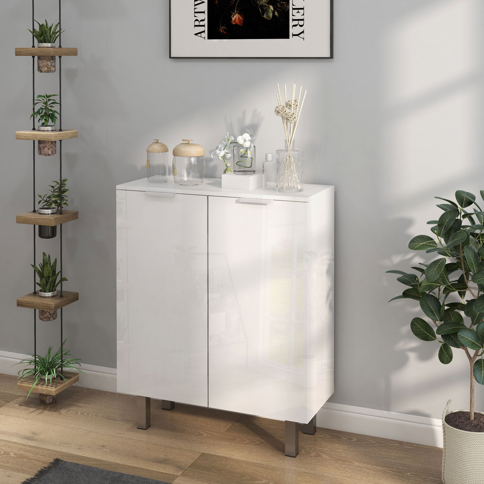 HOMCOM Shoe Cabinet, Compact Shoe Storage Cabinet with Soft-Close Hinges and Adjustable Shelves for 15-20 Pairs of Shoes, High Gloss White