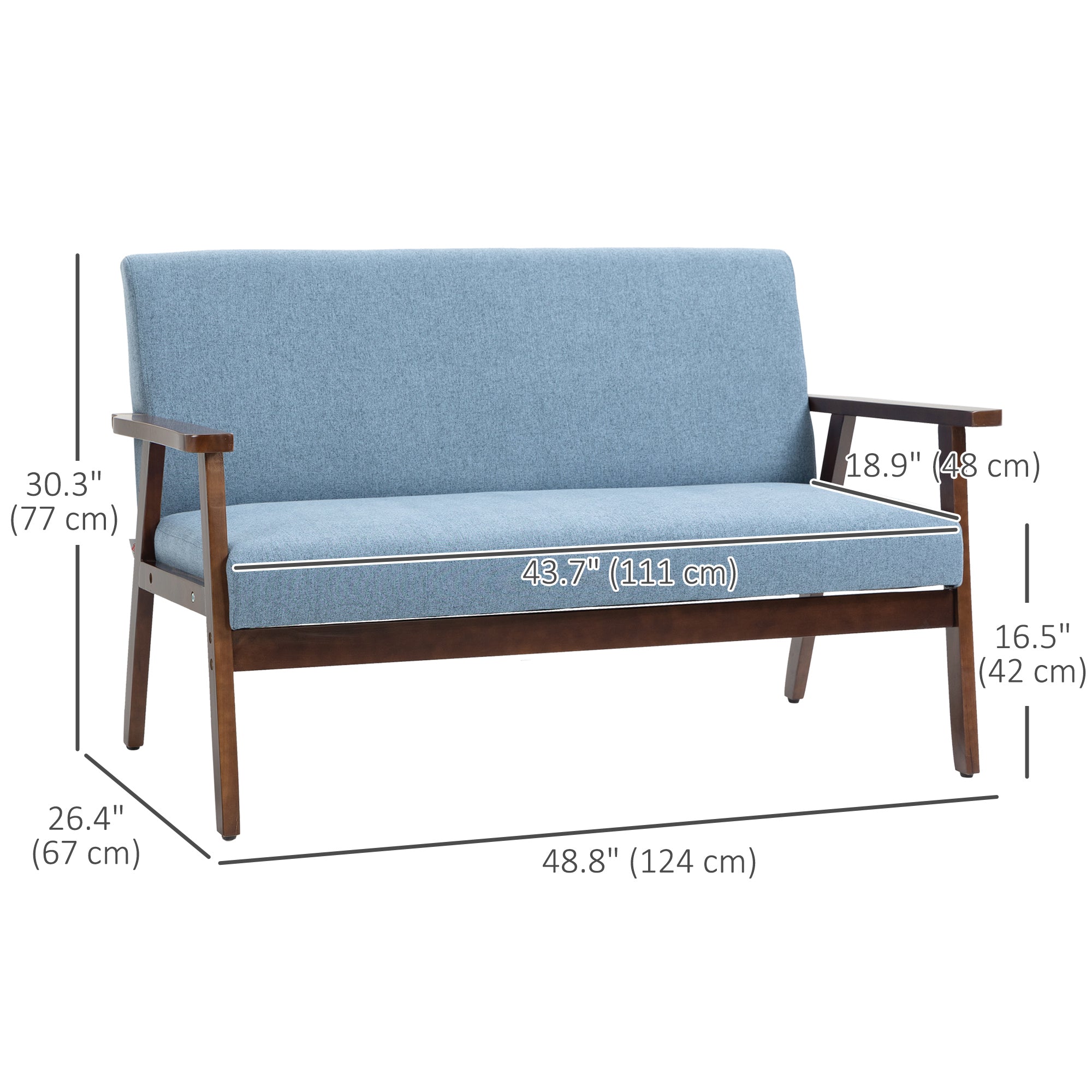 HOMCOM 48" Loveseat Sofa for Bedroom, Modern Love Seats Furniture, Upholstered 2 Seater Couch with Rubber Wood Legs, Blue