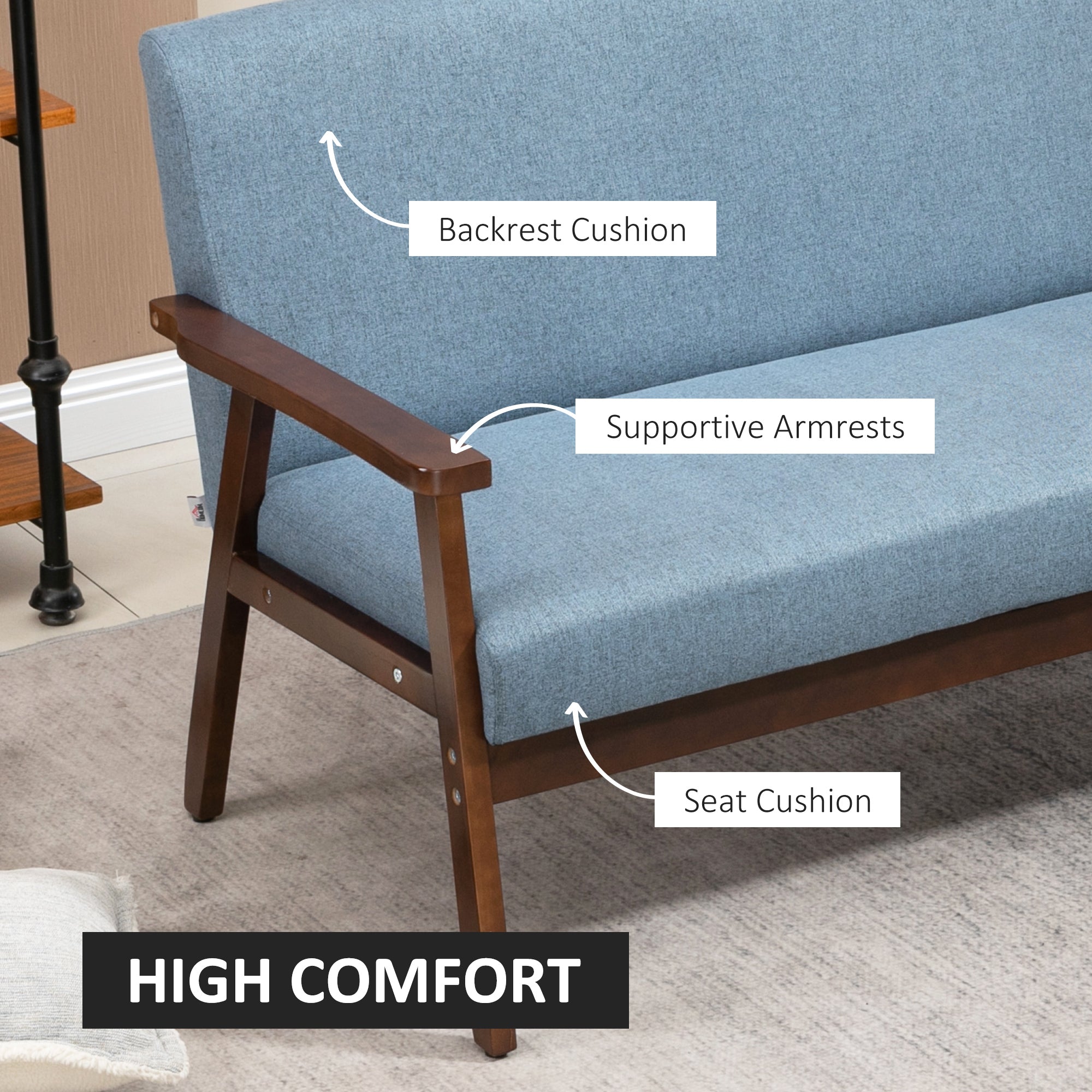 HOMCOM 48" Loveseat Sofa for Bedroom, Modern Love Seats Furniture, Upholstered 2 Seater Couch with Rubber Wood Legs, Blue