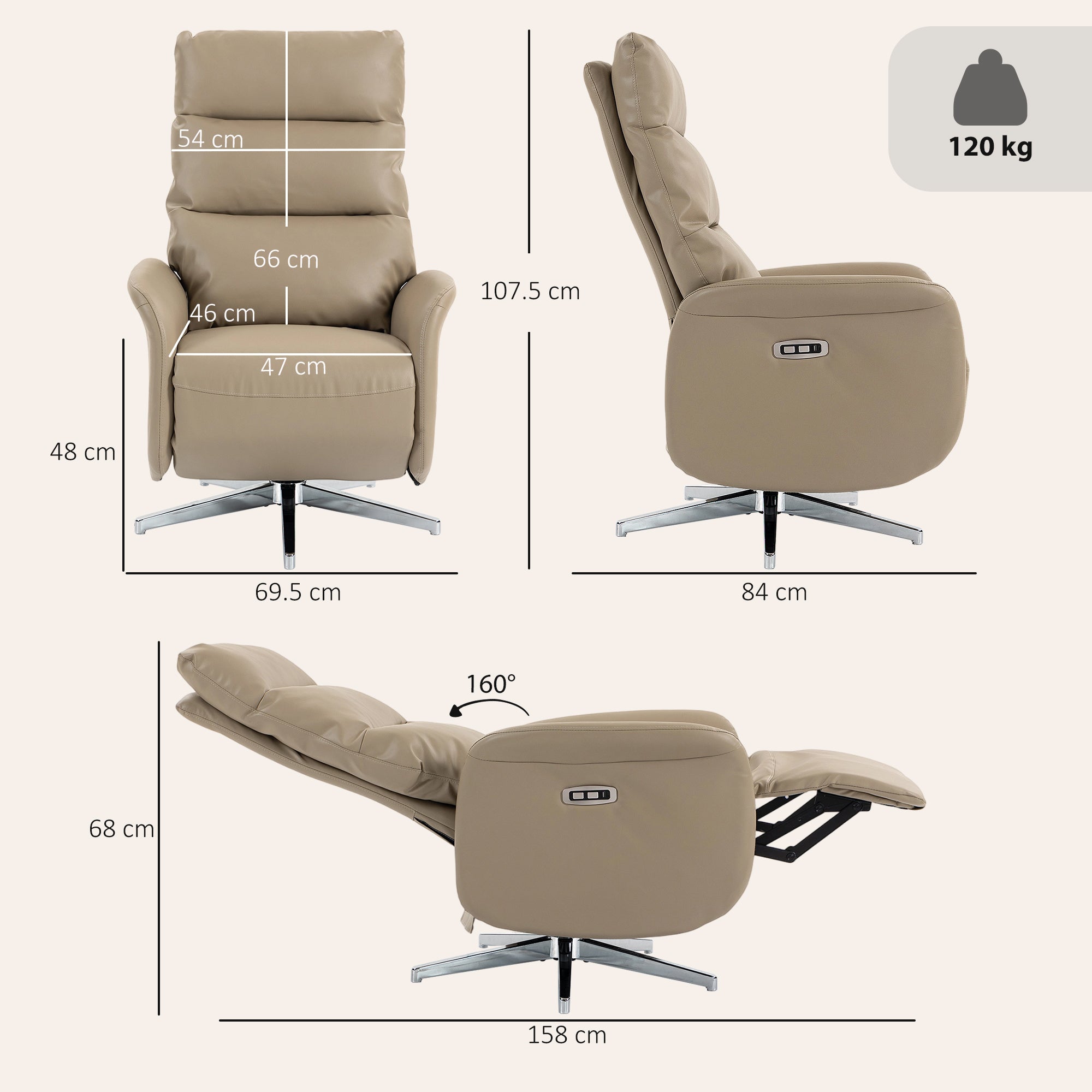 Electric Recliner Armchair, PU Leather Swivel Recliner Chair with Type C+USB, 160° Reclining Chair with Adjustable Leg Rest for Home Living Room Theater, Brown