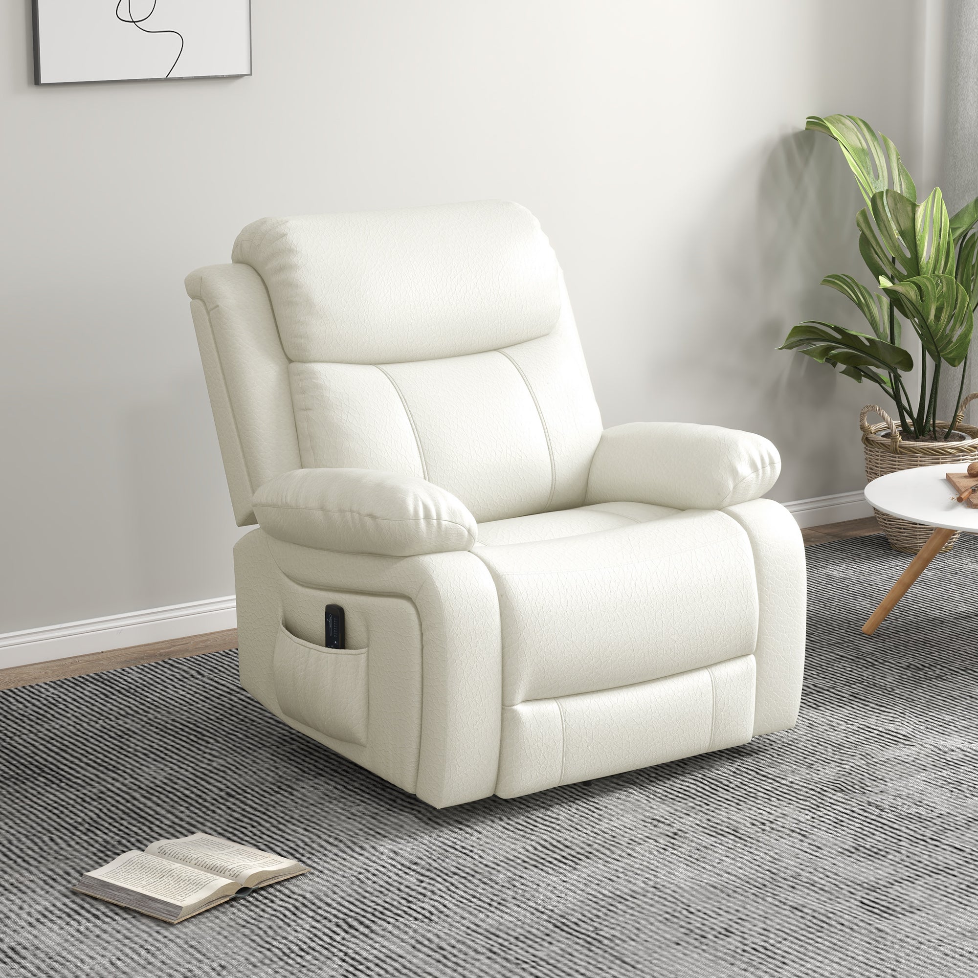HOMCOM Swivel Rocker Recliner Chair for Living Room, PU Leather Manual Reclining Chair with 8 Vibration Massage, Remote Control, and Side Pockets, Cream White
