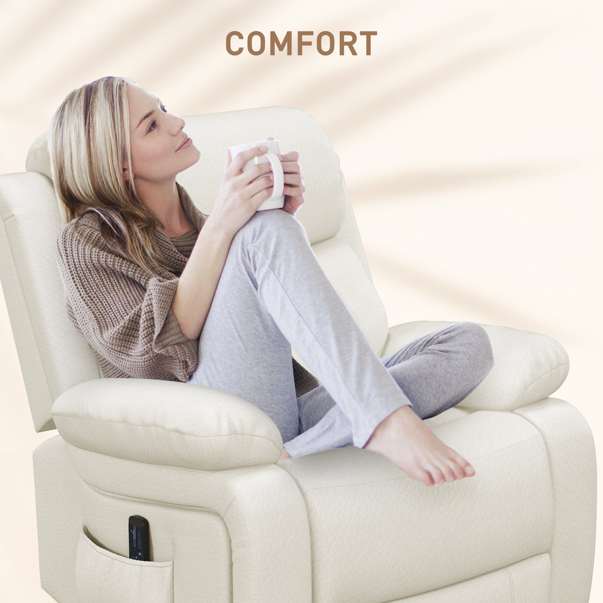 HOMCOM Swivel Rocker Recliner Chair for Living Room, PU Leather Manual Reclining Chair with 8 Vibration Massage, Remote Control, and Side Pockets, Cream White