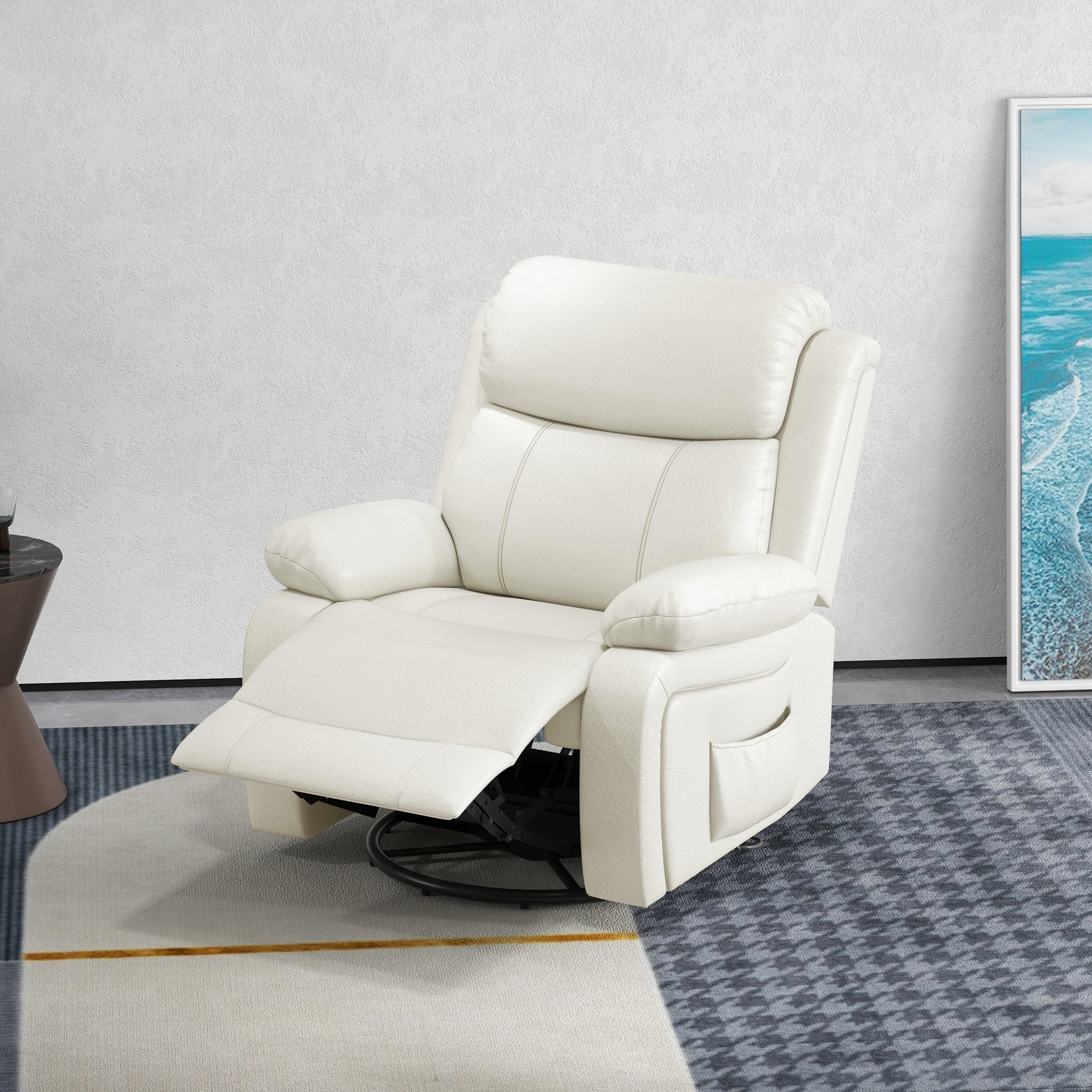 HOMCOM Swivel Rocker Recliner Chair for Living Room, PU Leather Manual Reclining Chair with 8 Vibration Massage, Remote Control, and Side Pockets, Cream White