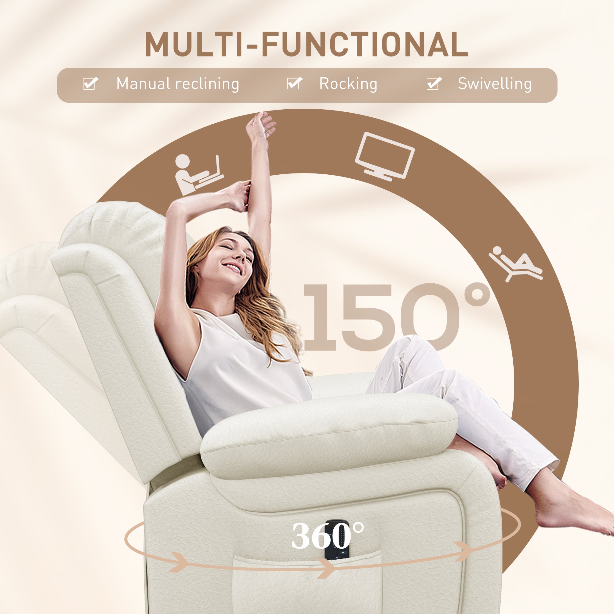 HOMCOM Swivel Rocker Recliner Chair for Living Room, PU Leather Manual Reclining Chair with 8 Vibration Massage, Remote Control, and Side Pockets, Cream White