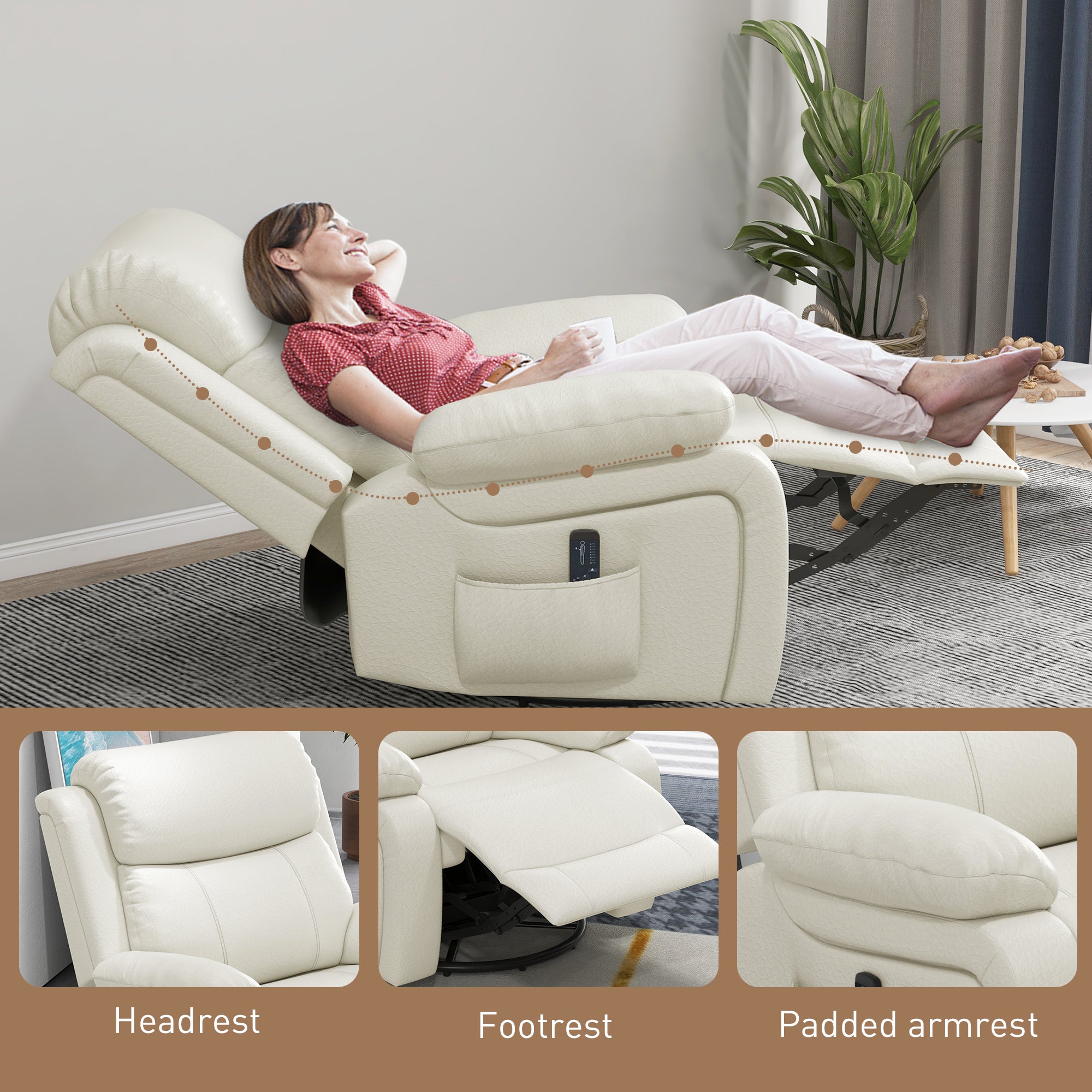HOMCOM Swivel Rocker Recliner Chair for Living Room, PU Leather Manual Reclining Chair with 8 Vibration Massage, Remote Control, and Side Pockets, Cream White
