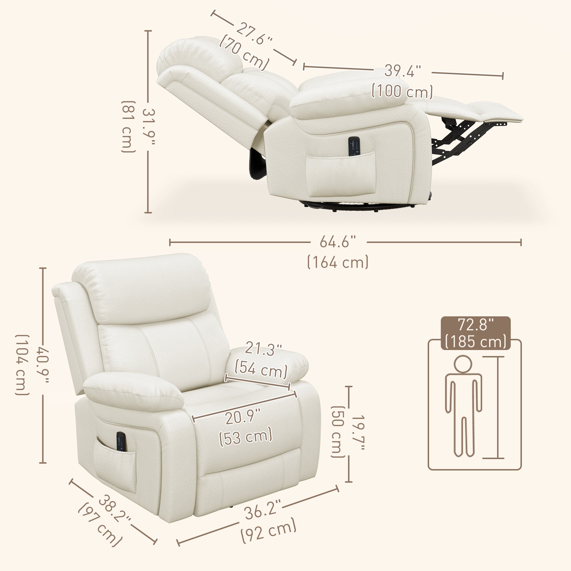 HOMCOM Swivel Rocker Recliner Chair for Living Room, PU Leather Manual Reclining Chair with 8 Vibration Massage, Remote Control, and Side Pockets, Cream White