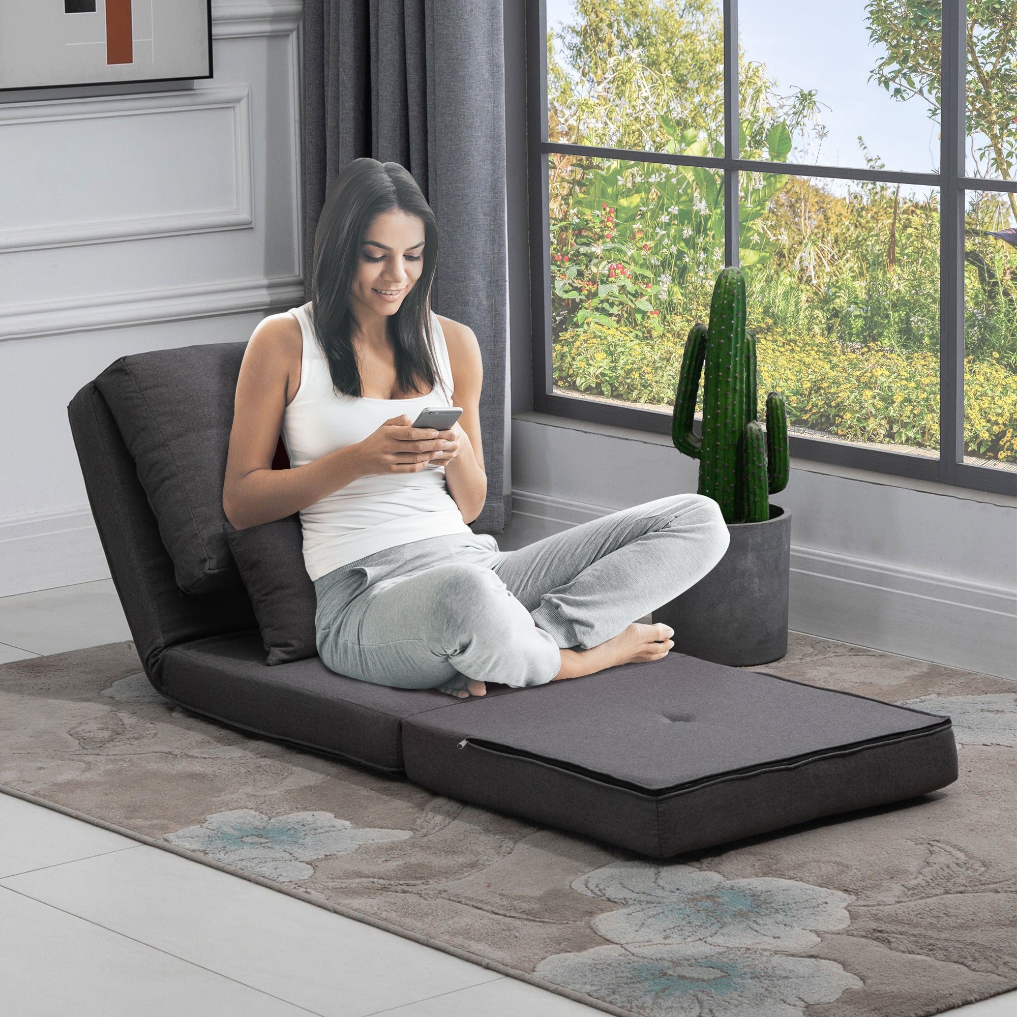 Convertible Flip Chair, Folding Upholstered Couch Bed w/ Adjustable Backrest, Dark Gray - HOMCOM