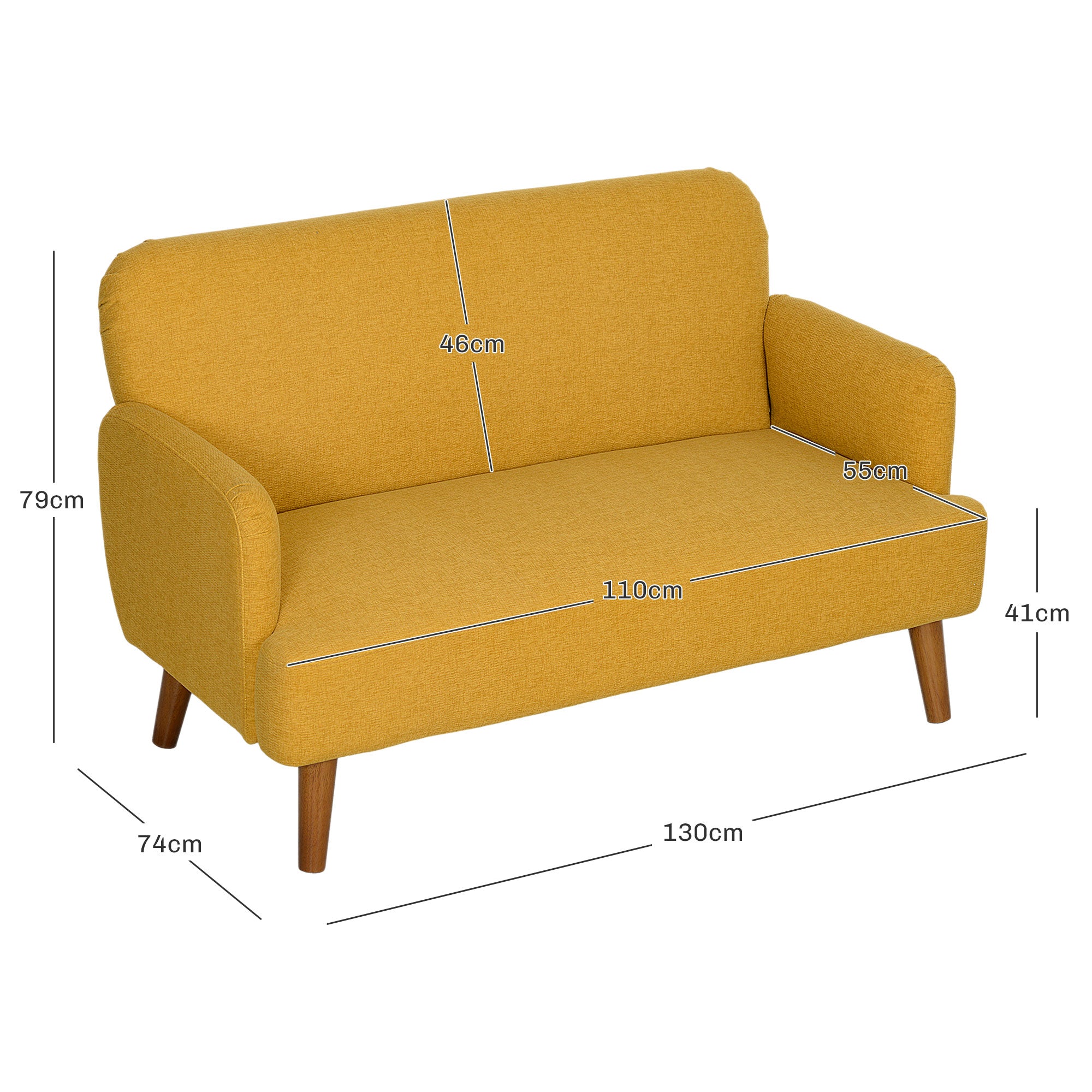 HOMCOM 2 Seater Sofa, Small Sofa Couch with 21cm Thick Padding and Wood Legs, Modern Velvet Feel Fabric Loveseat for Living Room, Bedroom, Home Office, Yellow