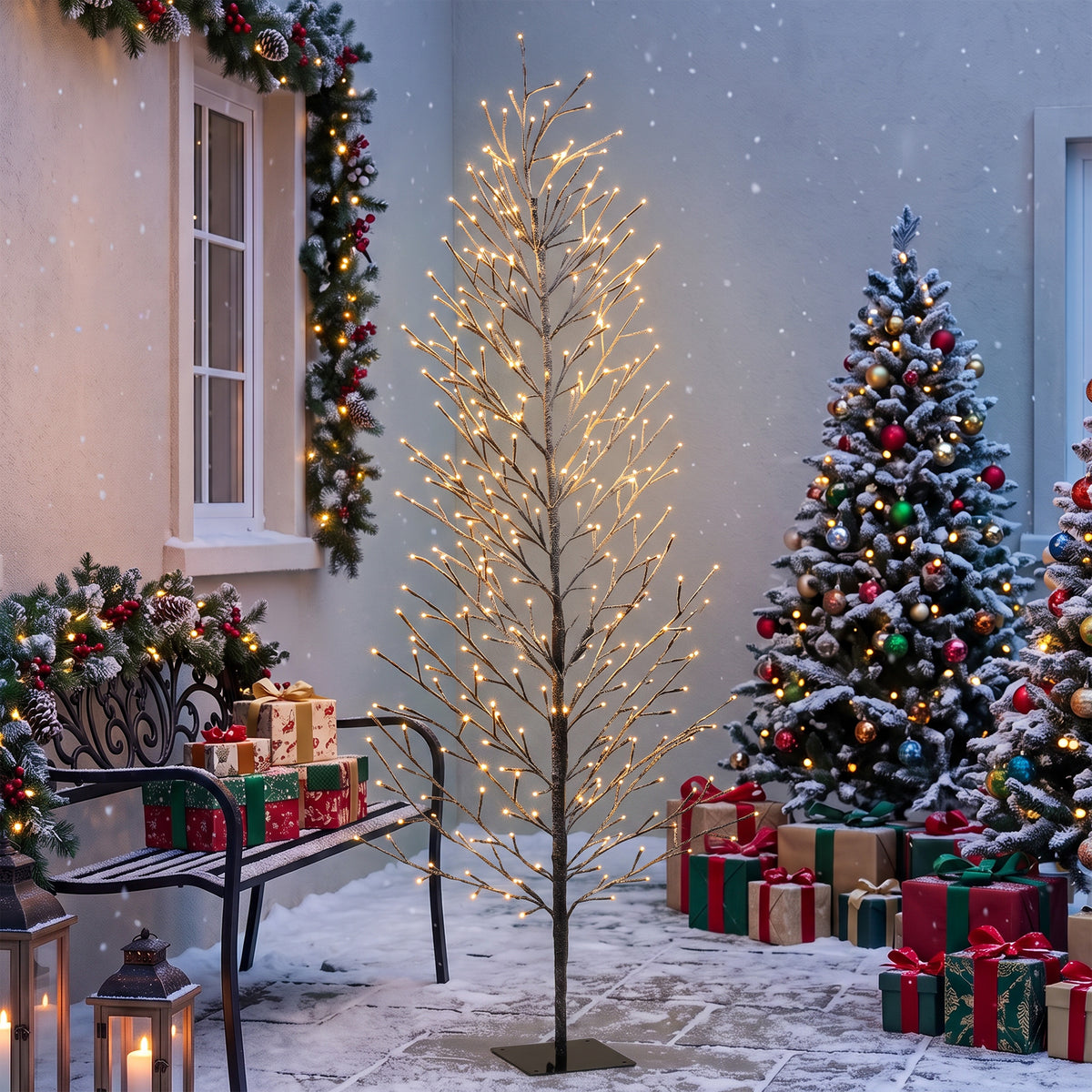 6FT Lighted Snow Flocked Twig Tree with Fairy Lights 328 LED, Daily Timer, Artificial Tree with 41 Branches for Home Indoor Sheltered Outdoor, Christmas Decor