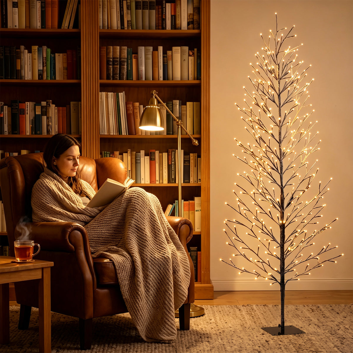 6FT Lighted Snow Flocked Twig Tree with Fairy Lights 328 LED, Daily Timer, Artificial Tree with 41 Branches for Home Indoor Sheltered Outdoor, Christmas Decor