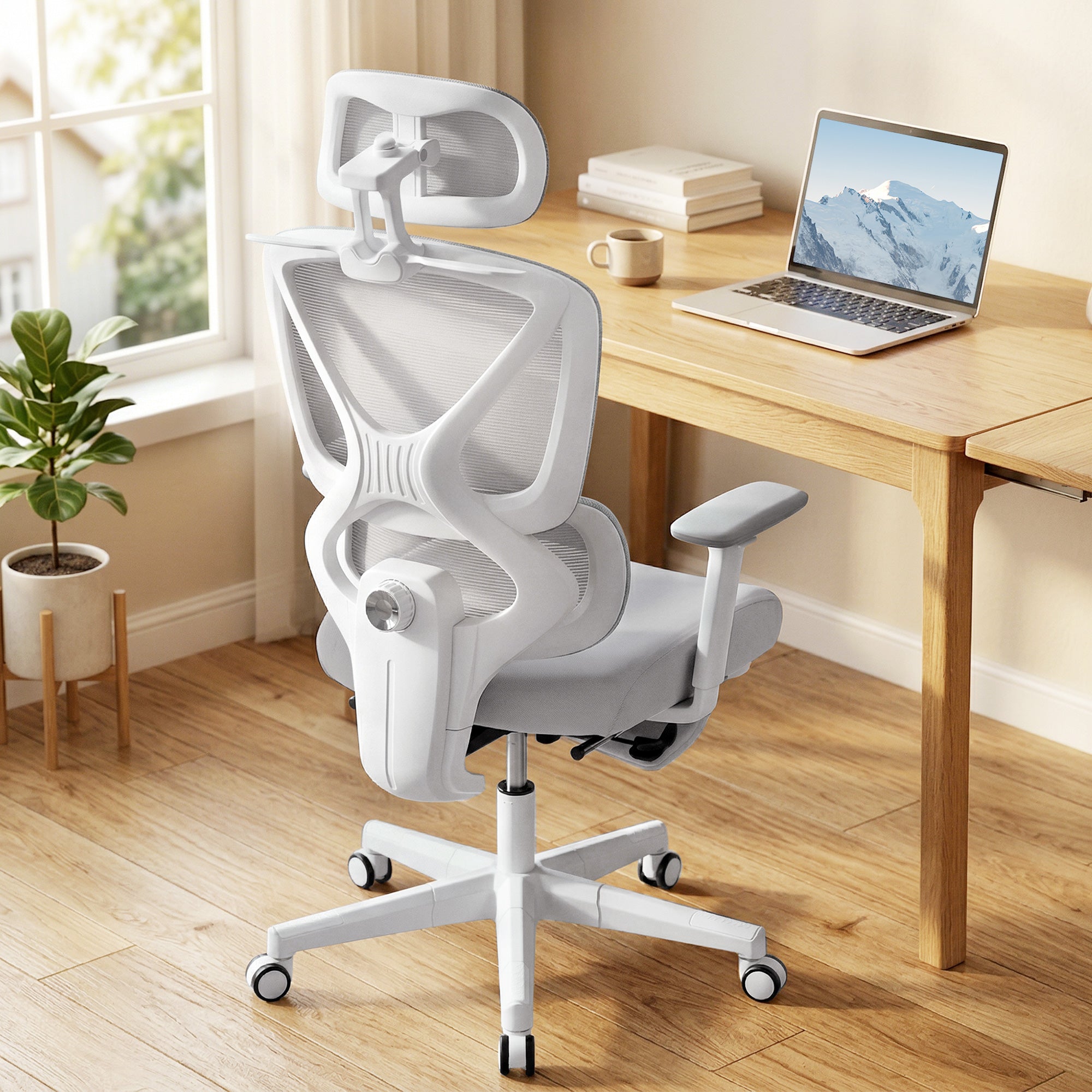 Ergonomic Office Chair, Mesh Desk Chair with 3D Armrests, Rotatable Headrest, Adjustable Lumbar Support, Coat Hanger, Footrest for Home Office, Grey