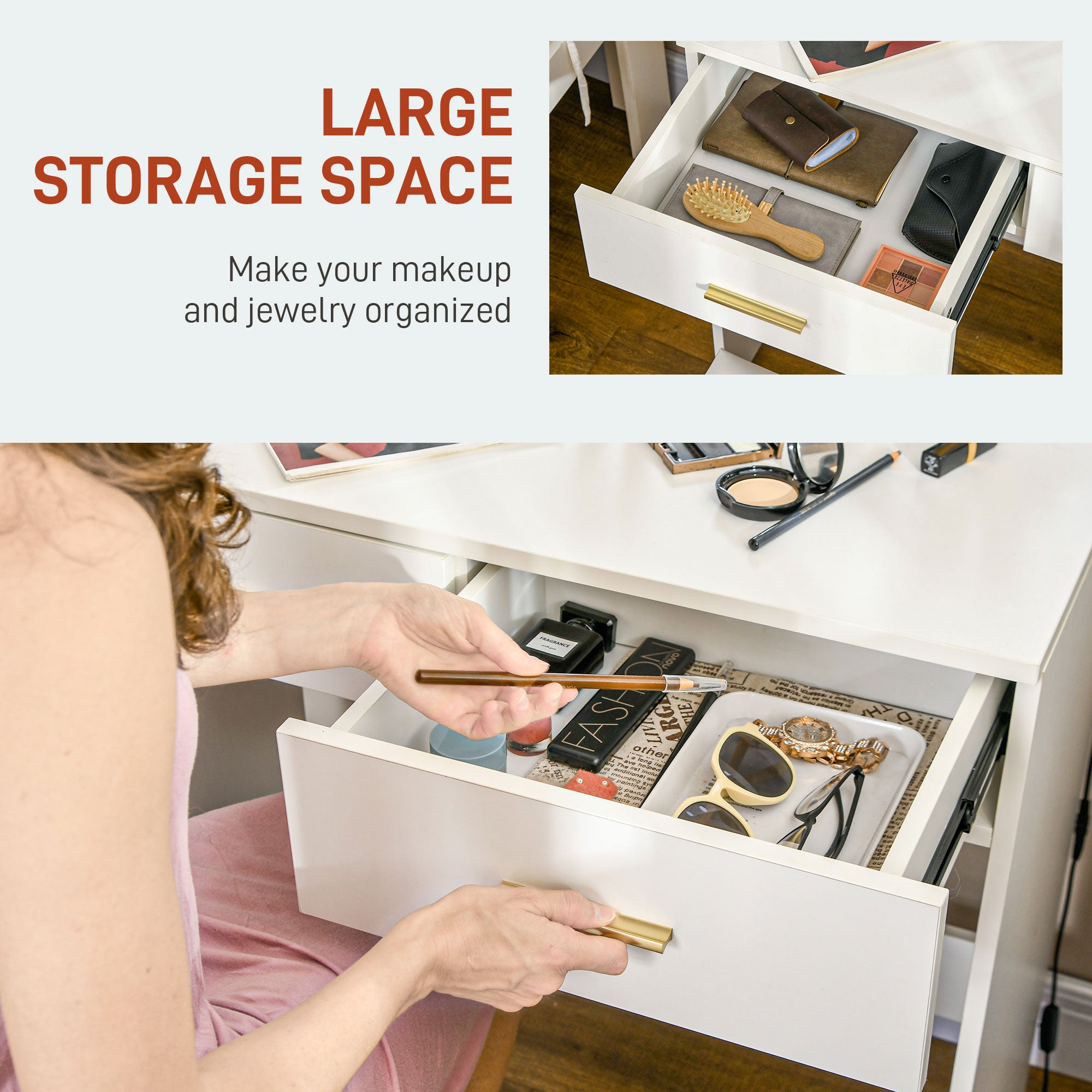 HOMCOM Vanity Set with Lighted Mirror and Stool, Makeup Vanity Desk with Drawers, 2 Lighting Modes, 10 Bulbs, Modern Dressing Table for Bedroom, White