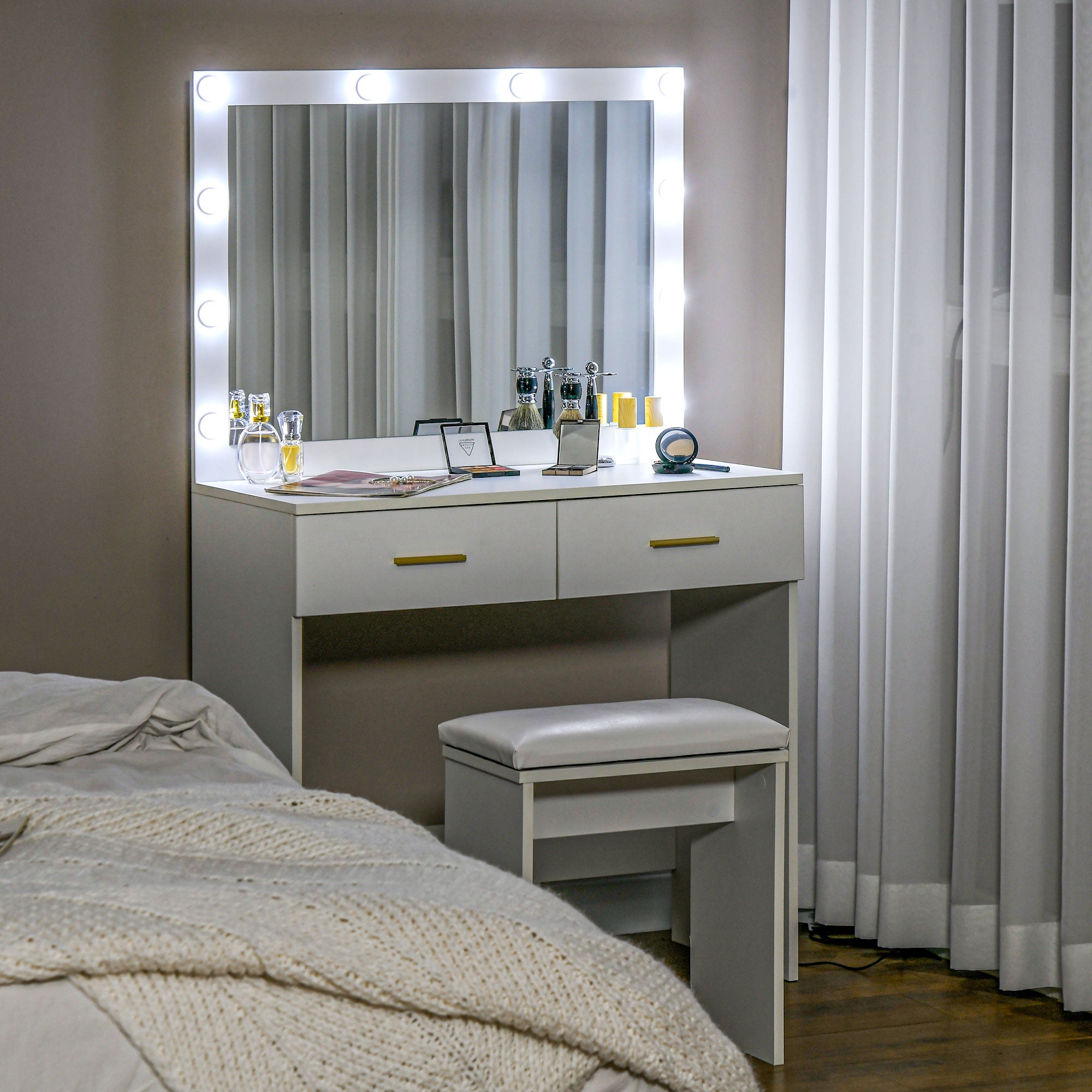 HOMCOM Vanity Set with Lighted Mirror and Stool, Makeup Vanity Desk with Drawers, 2 Lighting Modes, 10 Bulbs, Modern Dressing Table for Bedroom, White