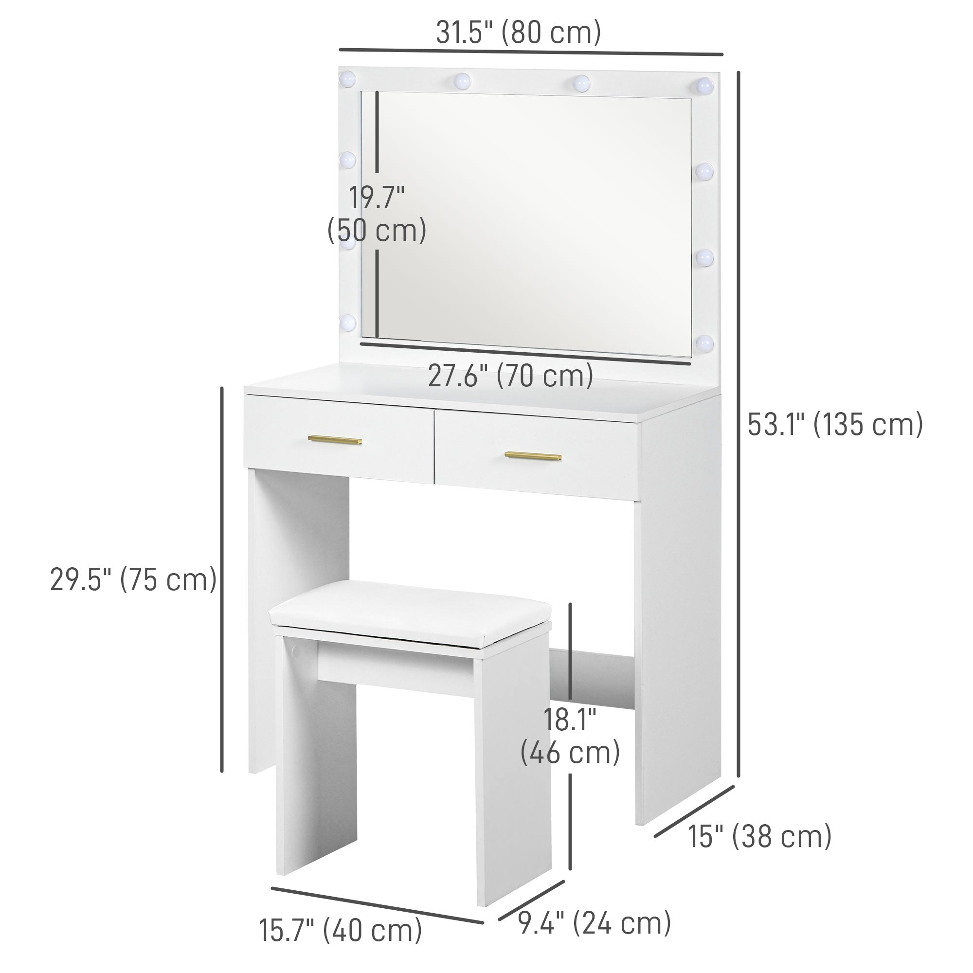 HOMCOM Vanity Set with Lighted Mirror and Stool, Makeup Vanity Desk with Drawers, 2 Lighting Modes, 10 Bulbs, Modern Dressing Table for Bedroom, White