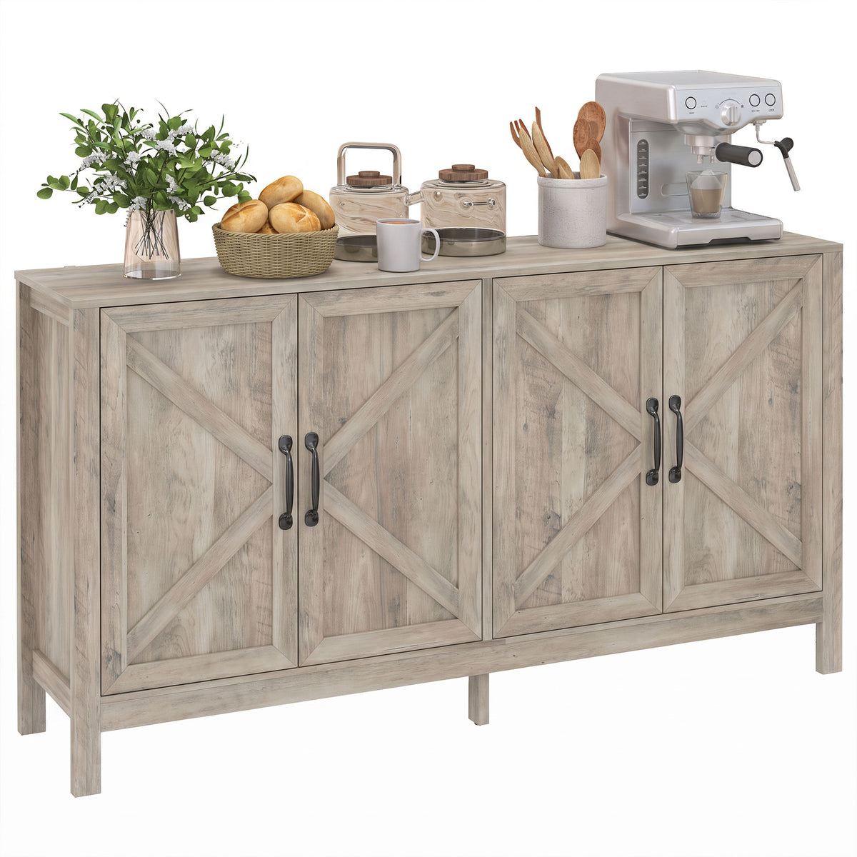 Farmhouse Kitchen Storage Cabinet, Sideboard Buffet Cabinet with 4 Barn Doors and Adjustable Shelves, Light Distressed Grey