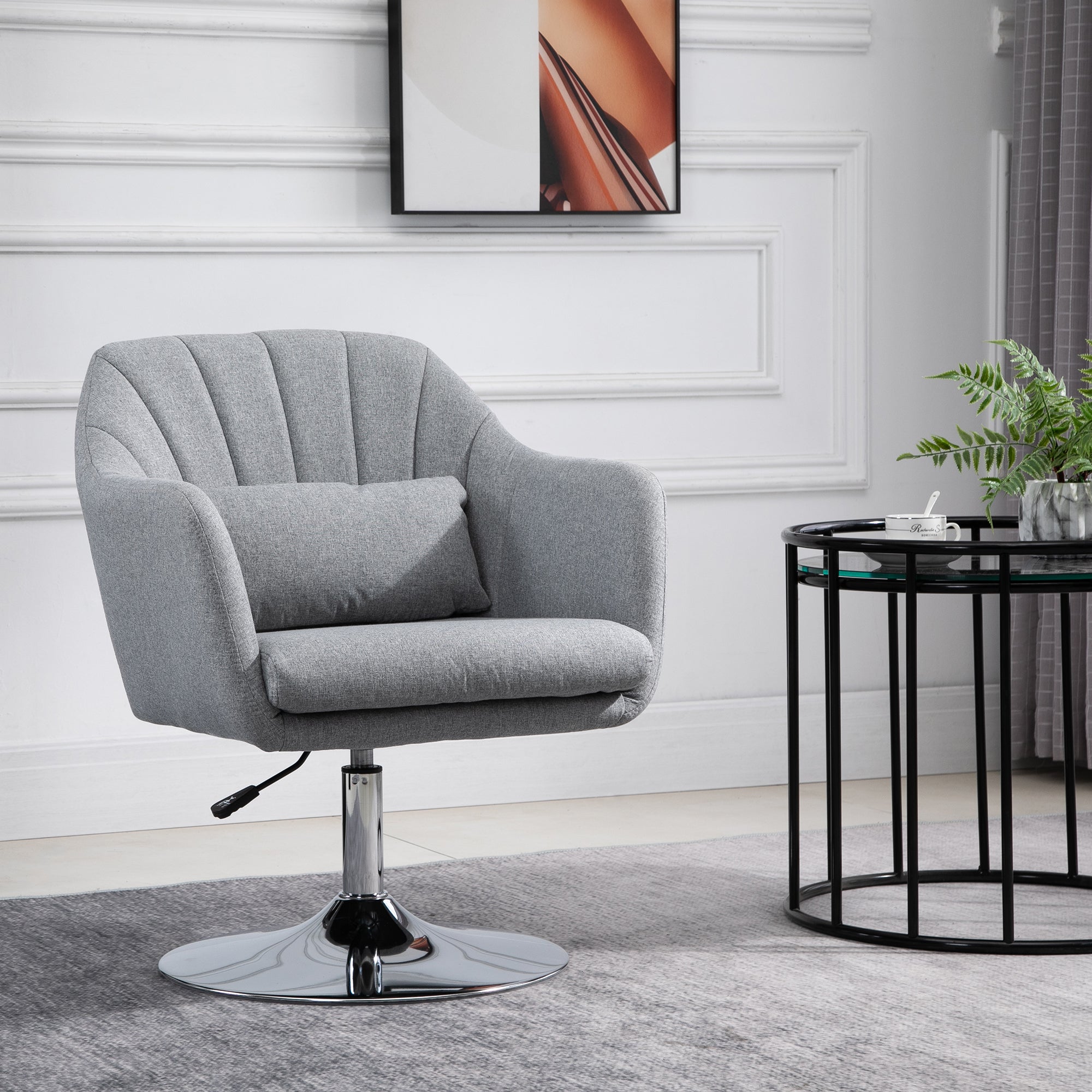 HOMCOM Swivel Linen Fabric Accent Chair for Living Room Contemporary Vanity Armchair with Adjustable Height Thick Cushion Lumbar Support Armrest for Bedroom Office Light Grey