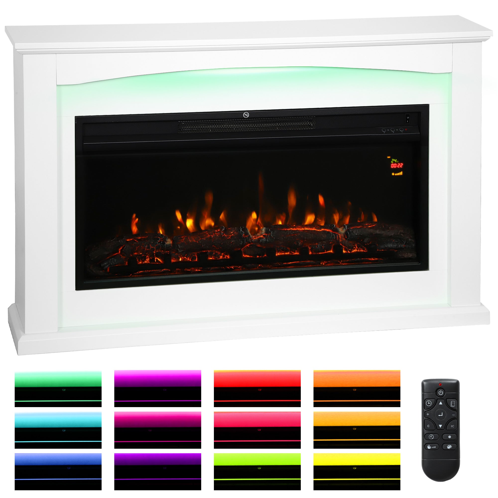 48"/121 cm Electric Fireplace with Realistic Flame Effect & 5 Brightness Levels, 1000W/2000W Inset Electric Fire and Mantel Reach up to 30 m² Space with Remote & Timer for Living Room, White