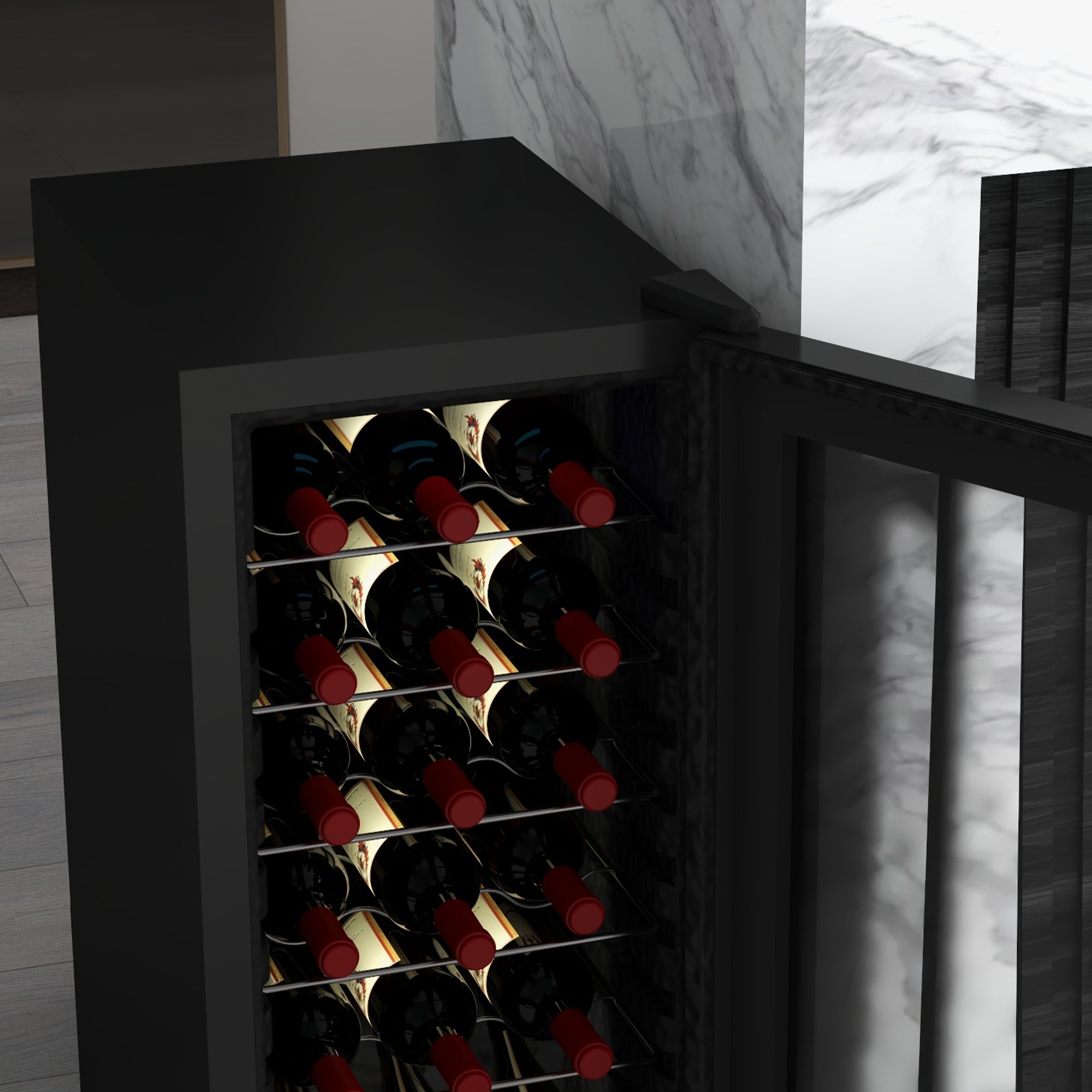 HOMCOM 50L Wine Cooler, 18 Bottles Freestanding Wine Fridge with Glass Door, LED Light, Temperature Control and Digital Touch Screen, Black