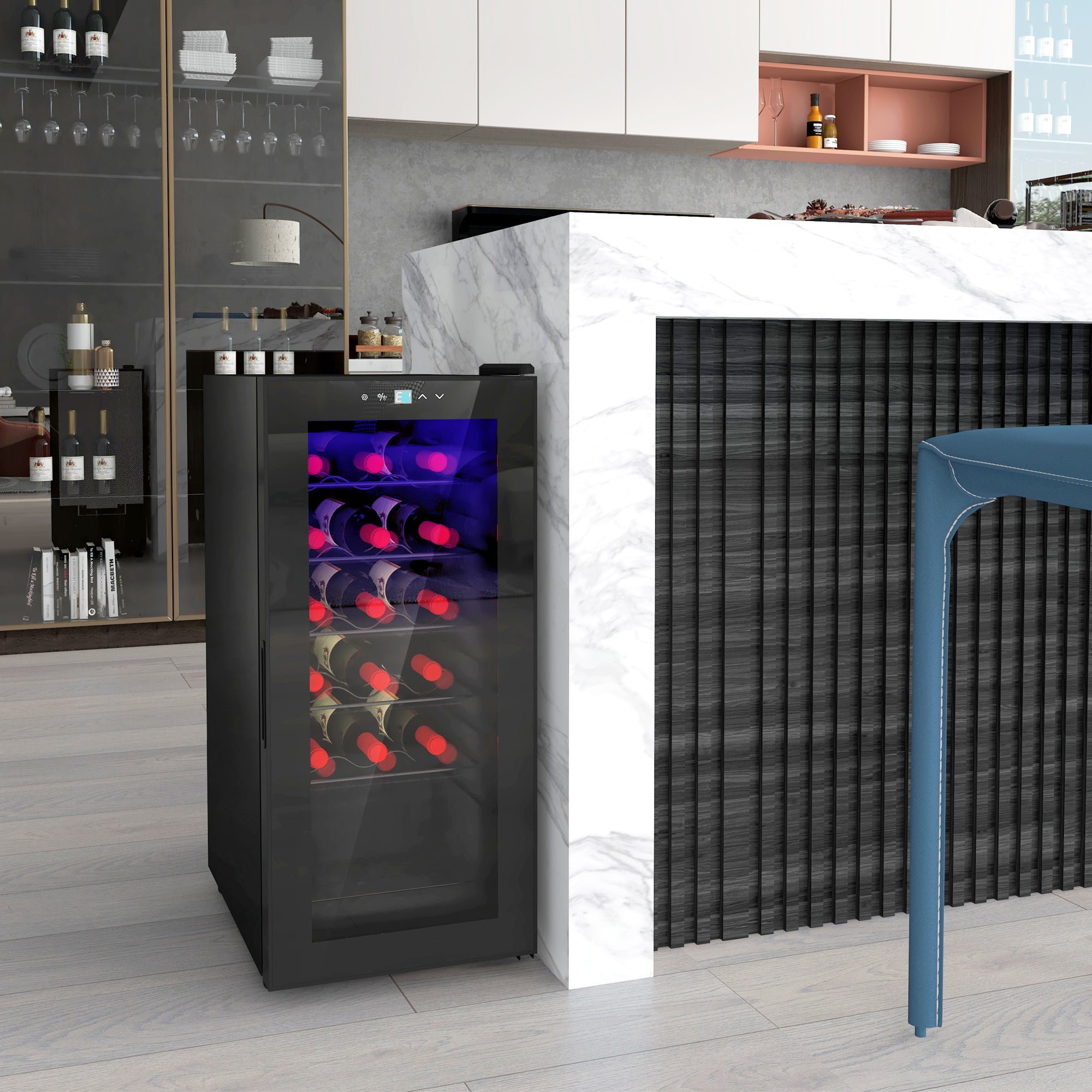 HOMCOM 50L Wine Cooler, 18 Bottles Freestanding Wine Fridge with Glass Door, LED Light, Temperature Control and Digital Touch Screen, Black