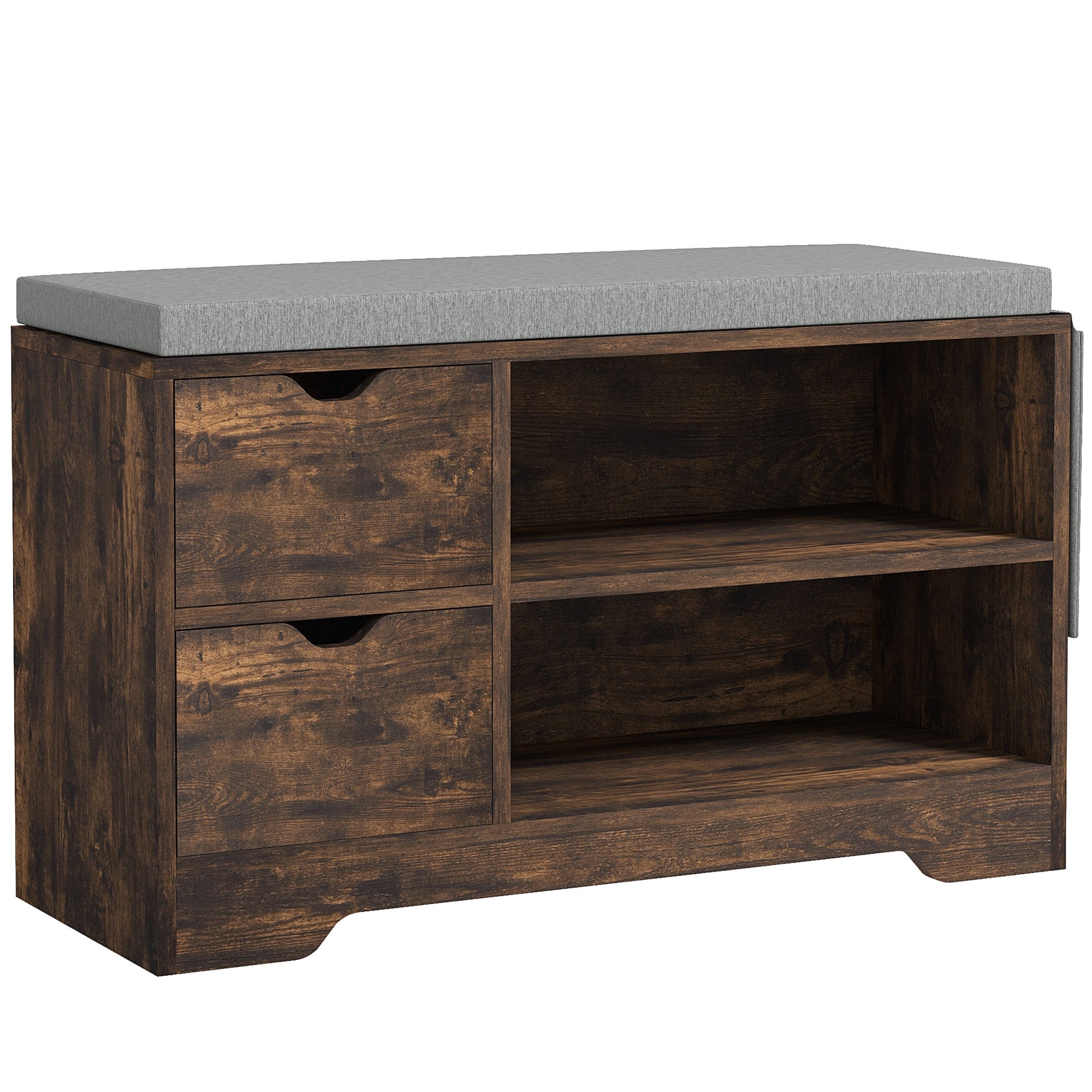 HOMCOM Shoe Bench with Storage, Modern Upholstered Entryway Bench with Open Shelves, Drawers and Pocket for Living Room, Hallway, Rustic Brown