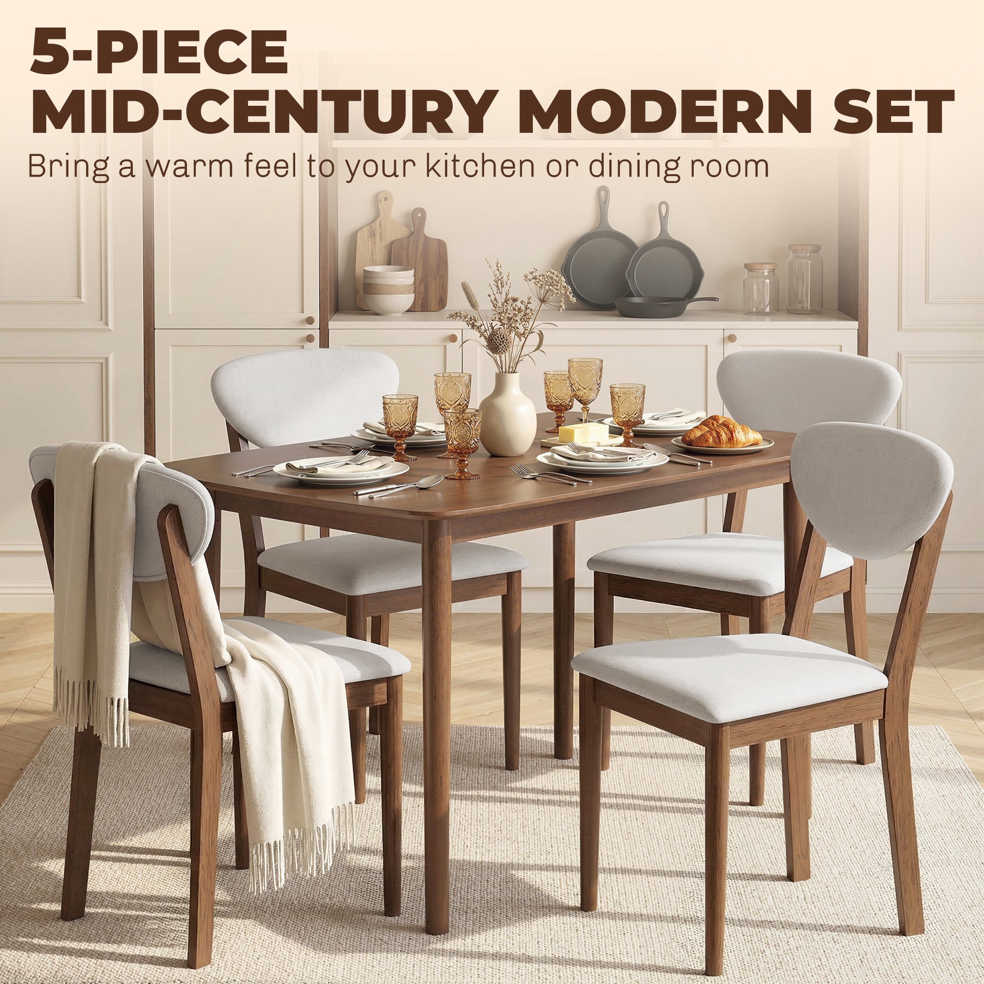 5-Piece Dining Table Set for 4, Mid-Century Modern Kitchen Table and Chairs with Padded Seats and Backrests, Solid Wood Frame for Small Space, Dining Room, Living Room, Cream White