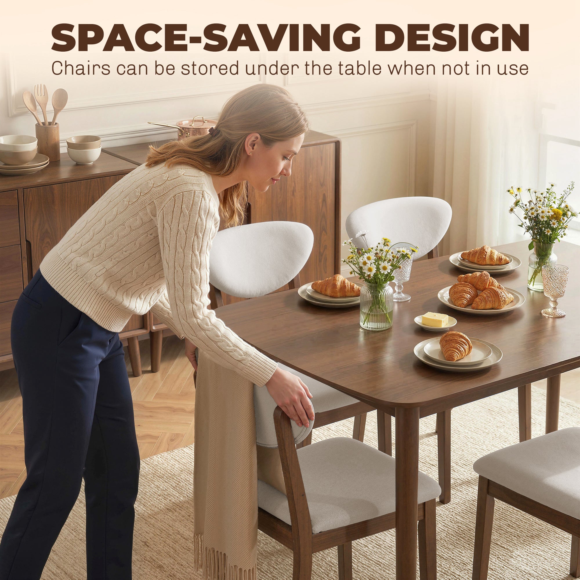 5-Piece Dining Table Set for 4, Mid-Century Modern Kitchen Table and Chairs with Padded Seats and Backrests, Solid Wood Frame for Small Space, Dining Room, Living Room, Cream White