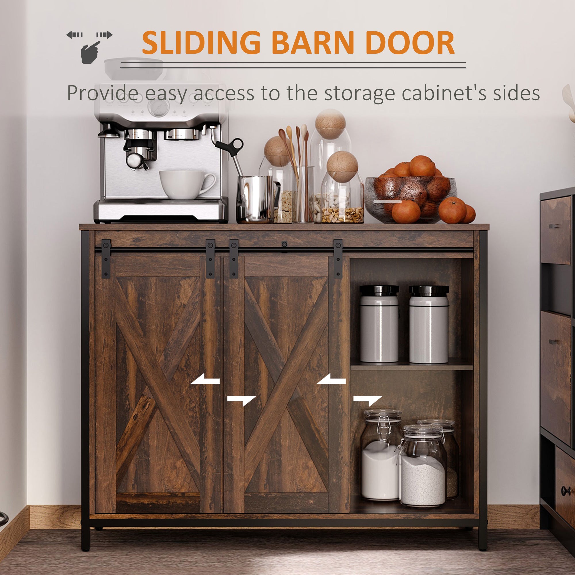 Buffet Cabinet Kitchen Sideboard with Sliding Barn Doors, Brown