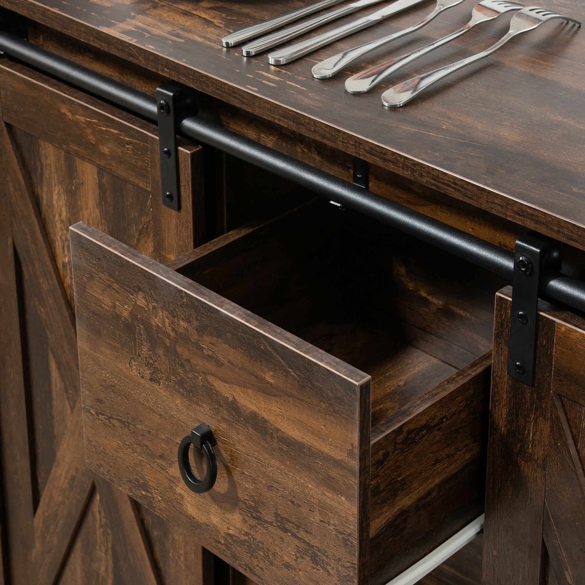 Buffet Cabinet Kitchen Sideboard with Sliding Barn Doors, Brown