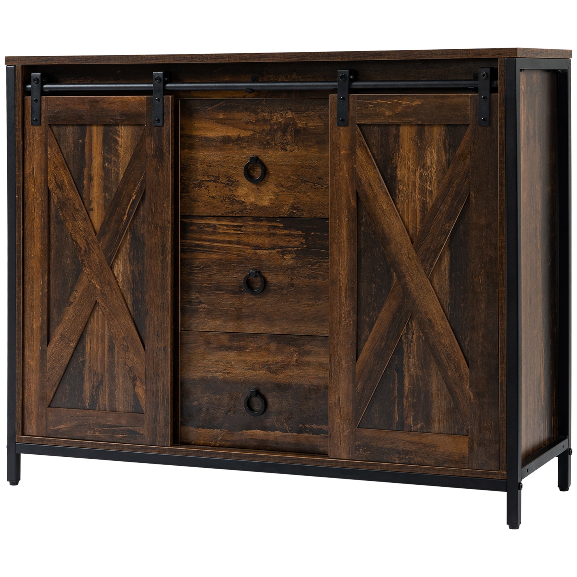 Buffet Cabinet Kitchen Sideboard with Sliding Barn Doors, Brown