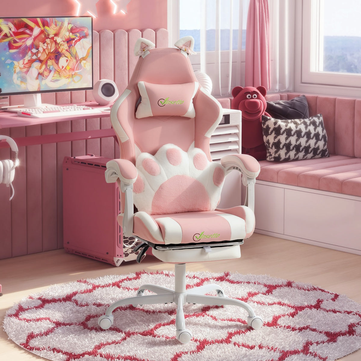 Cute Gaming Chair with Cat Ears, Ergonomic Gamer Computer Chair with Lumbar Support, Footrest, Headrest, High Back, Reclining, Swivel, Faux Leather for Office, Women, Pink