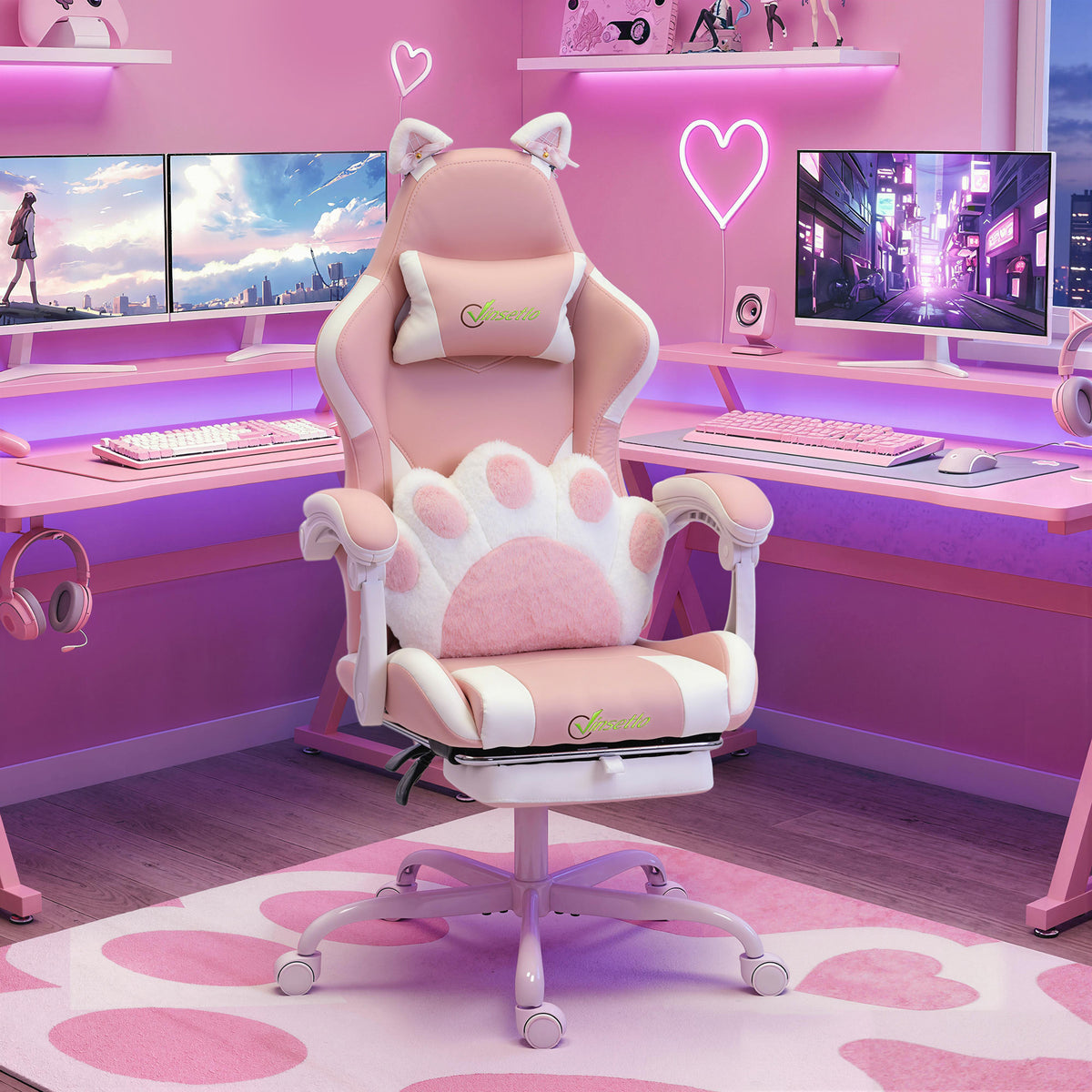 Cute Gaming Chair with Cat Ears, Ergonomic Gamer Computer Chair with Lumbar Support, Footrest, Headrest, High Back, Reclining, Swivel, Faux Leather for Office, Women, Pink
