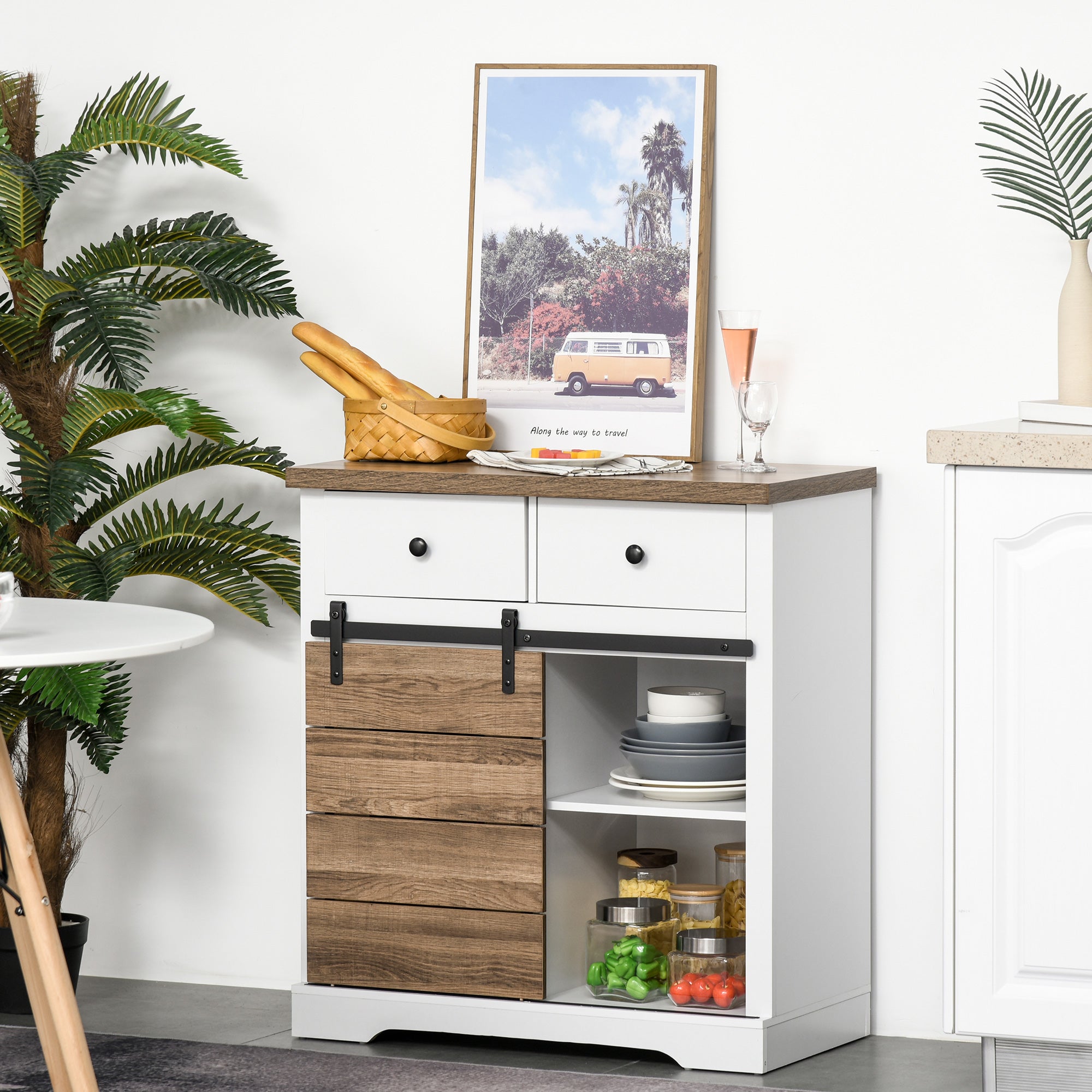 HOMCOM Buffet Cabinet with 6-Bottle Wine Cabinet, Farmhouse Sideboard with Sliding Barn Door, 2 Drawers and Shelves, Coffee Bar Cabinet with Wine Racks for Kitchen, White